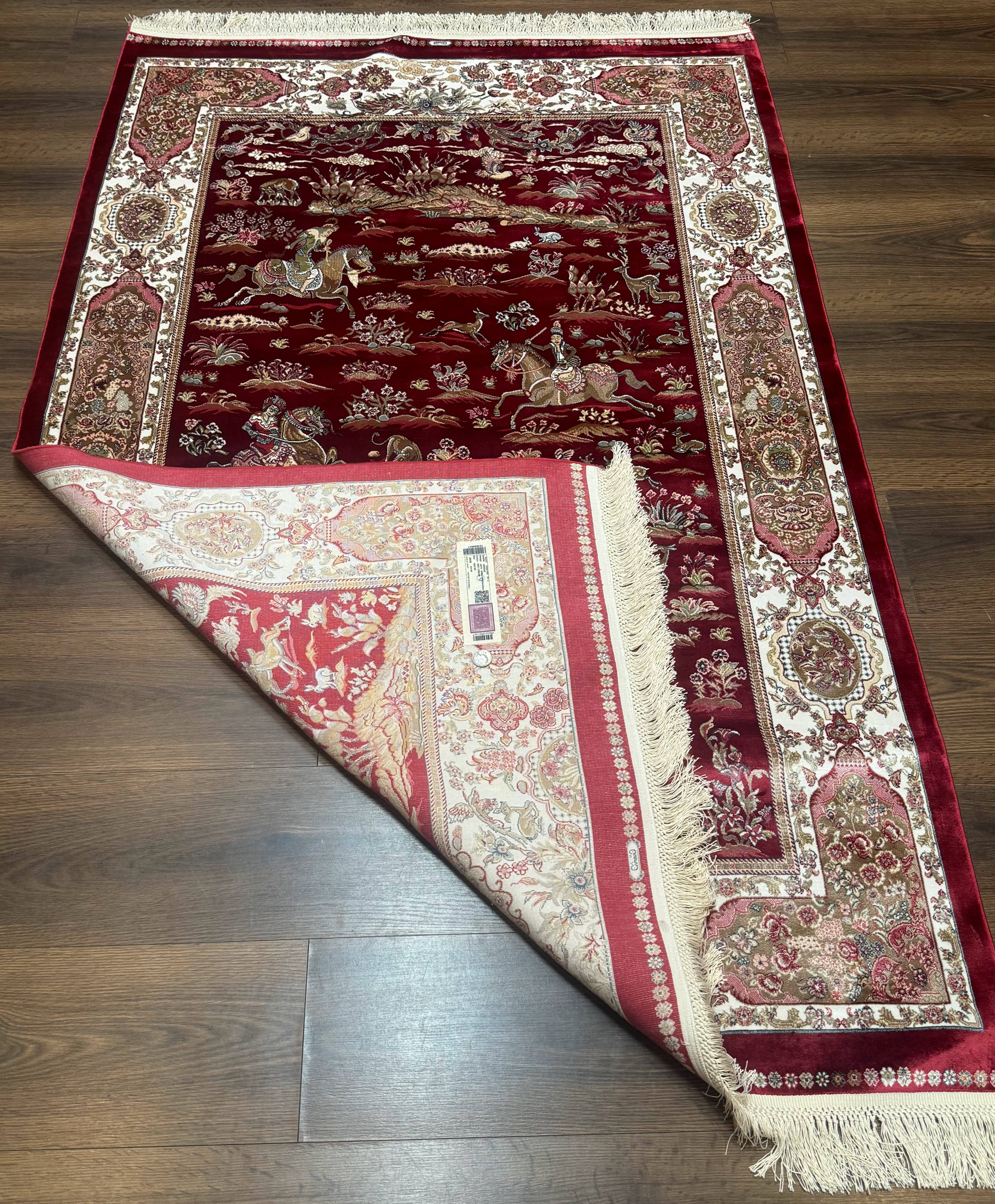 Turkish Silk Hunting Design Rug 4x6, Dark Red & Ivory, Bamboo Silk, New - Jewel Rugs