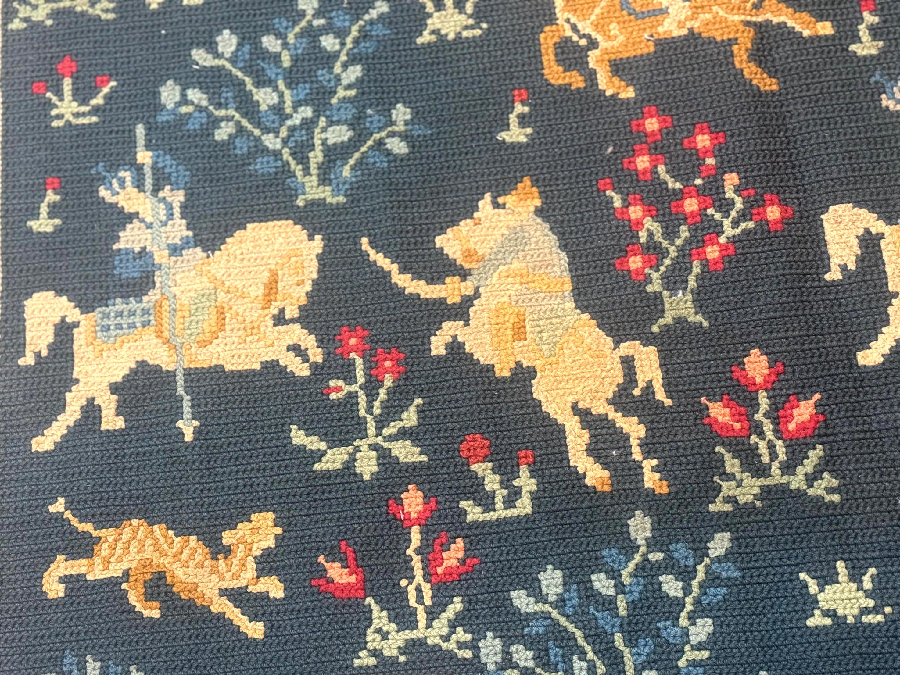 Antique Portuguese Wall Hanging Tapestry Rug, Hunting Design, Horsemen, Handmade, Flatweave - Jewel Rugs