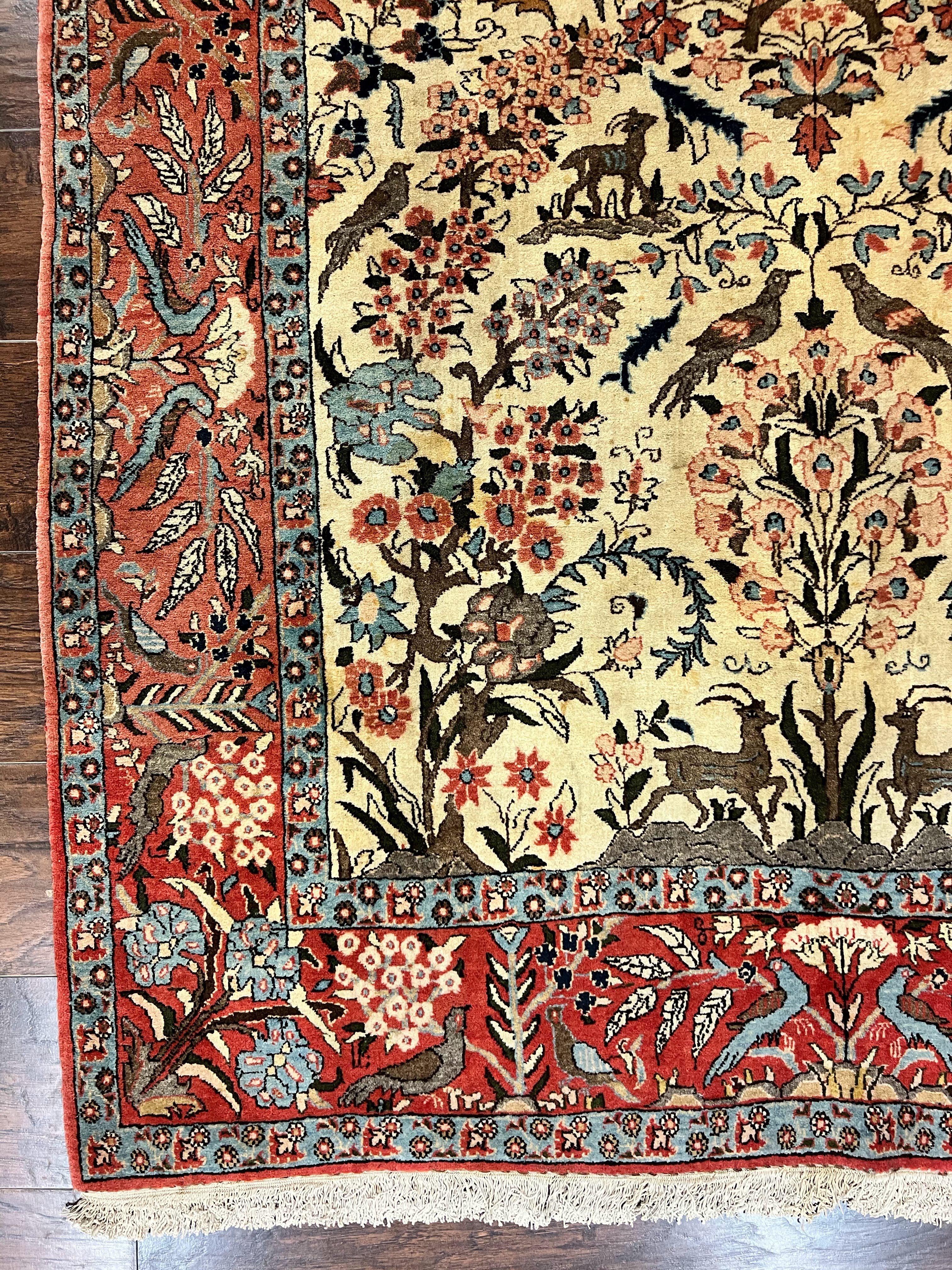 Persian Tree of Life 5x7, Qum Rug, Animal Motifs, Deer Birds, Fine 225 KPSI, Semi Antique Vintage Handmade Wool Rug, Cream Red - Jewel Rugs