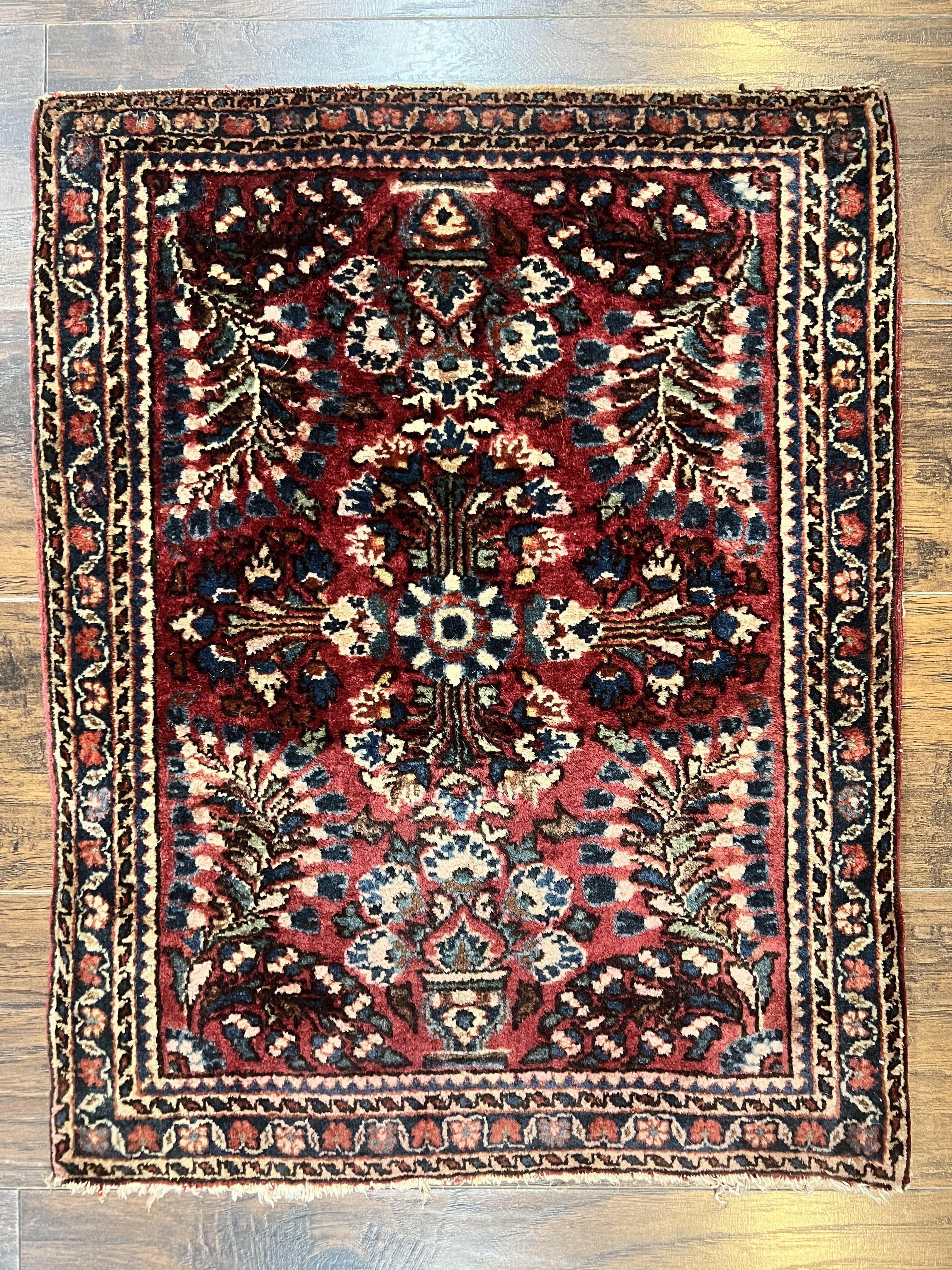 Antique Persian Sarouk Rug 2 x 2.5, Small Sarouk Carpet, Red Floral 1920s Red, Fine 170 KPSI, Wool Handmade Rug - Jewel Rugs