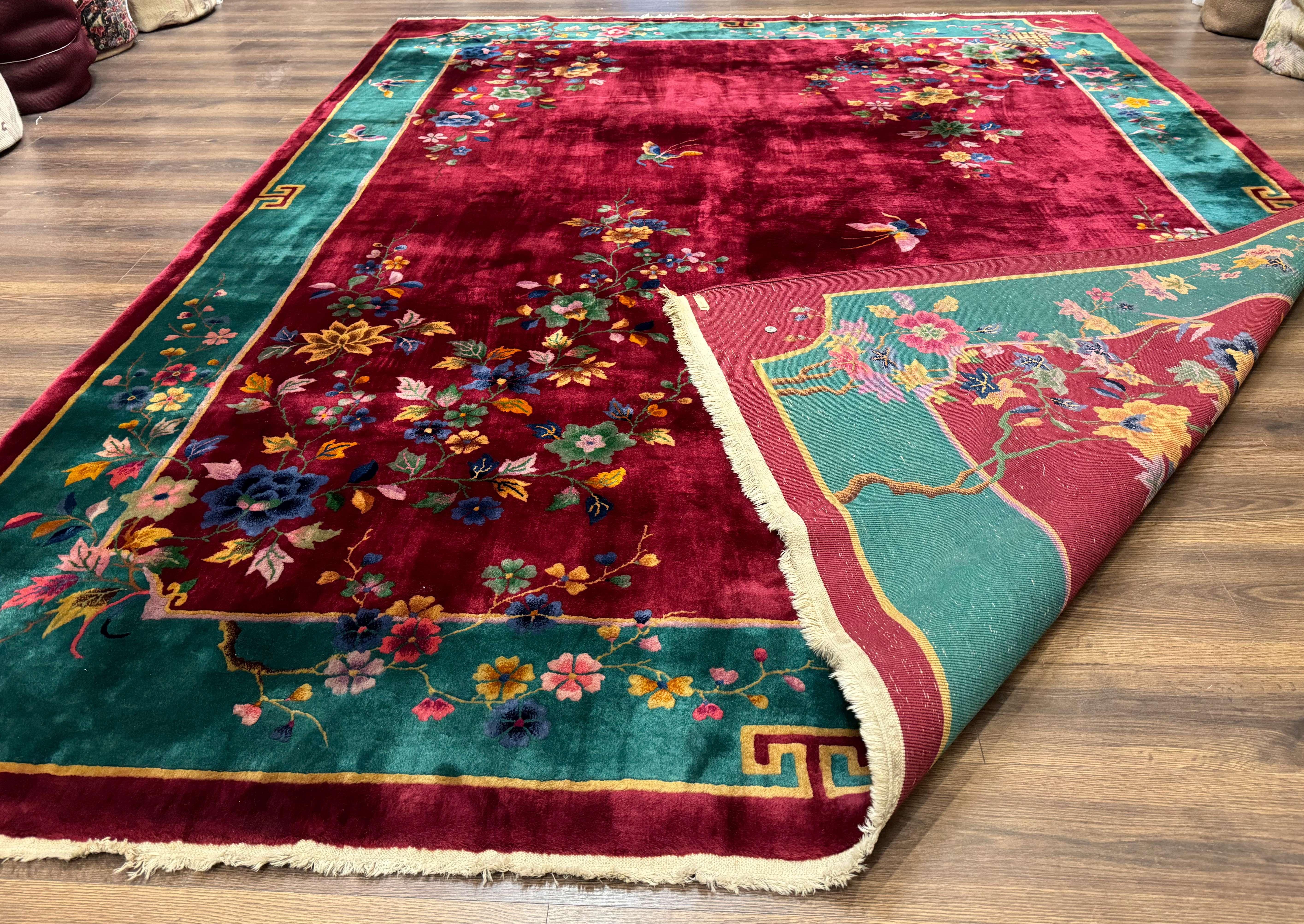 Antique Chinese Art Deco Rug 9x11, Rare, Nichols Rug, Cherry Red and Green, Chinese Wool Carpet - Jewel Rugs