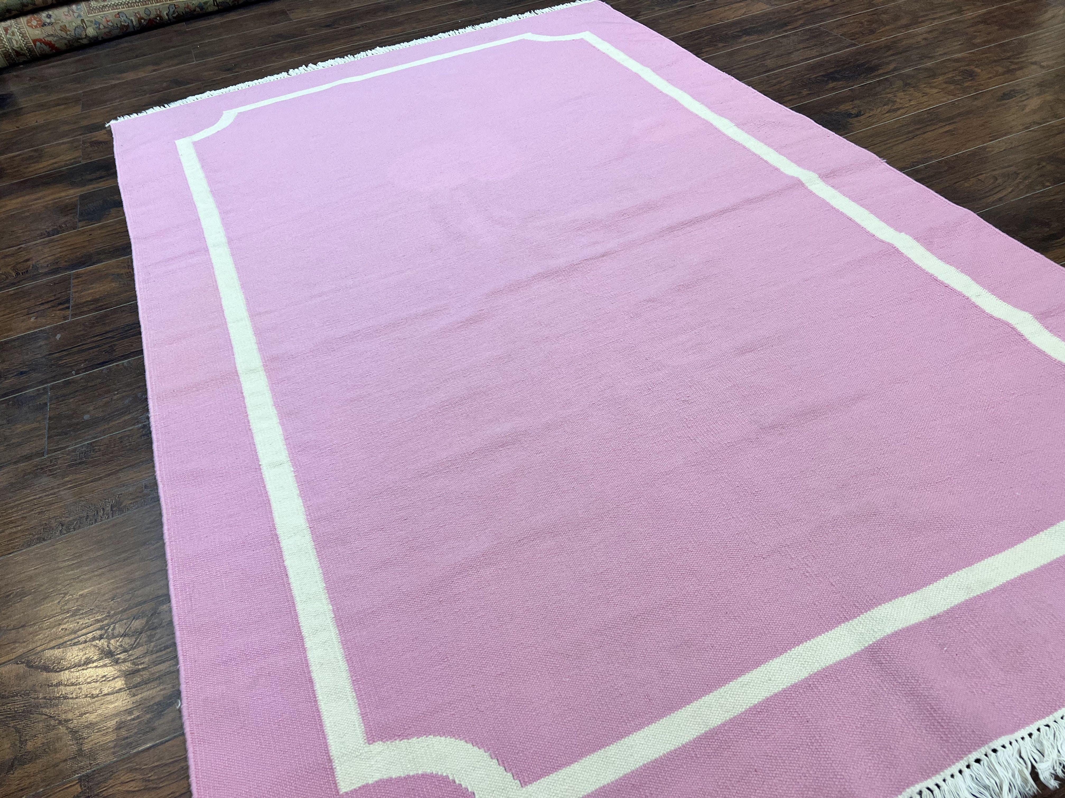 Indian Dhurrie Rug 5x8, Wool Handmade Contemporary Carpet, Pink Flatweave Kilim Area Rug, Medium Sized Rug 5 x 8 ft - Jewel Rugs