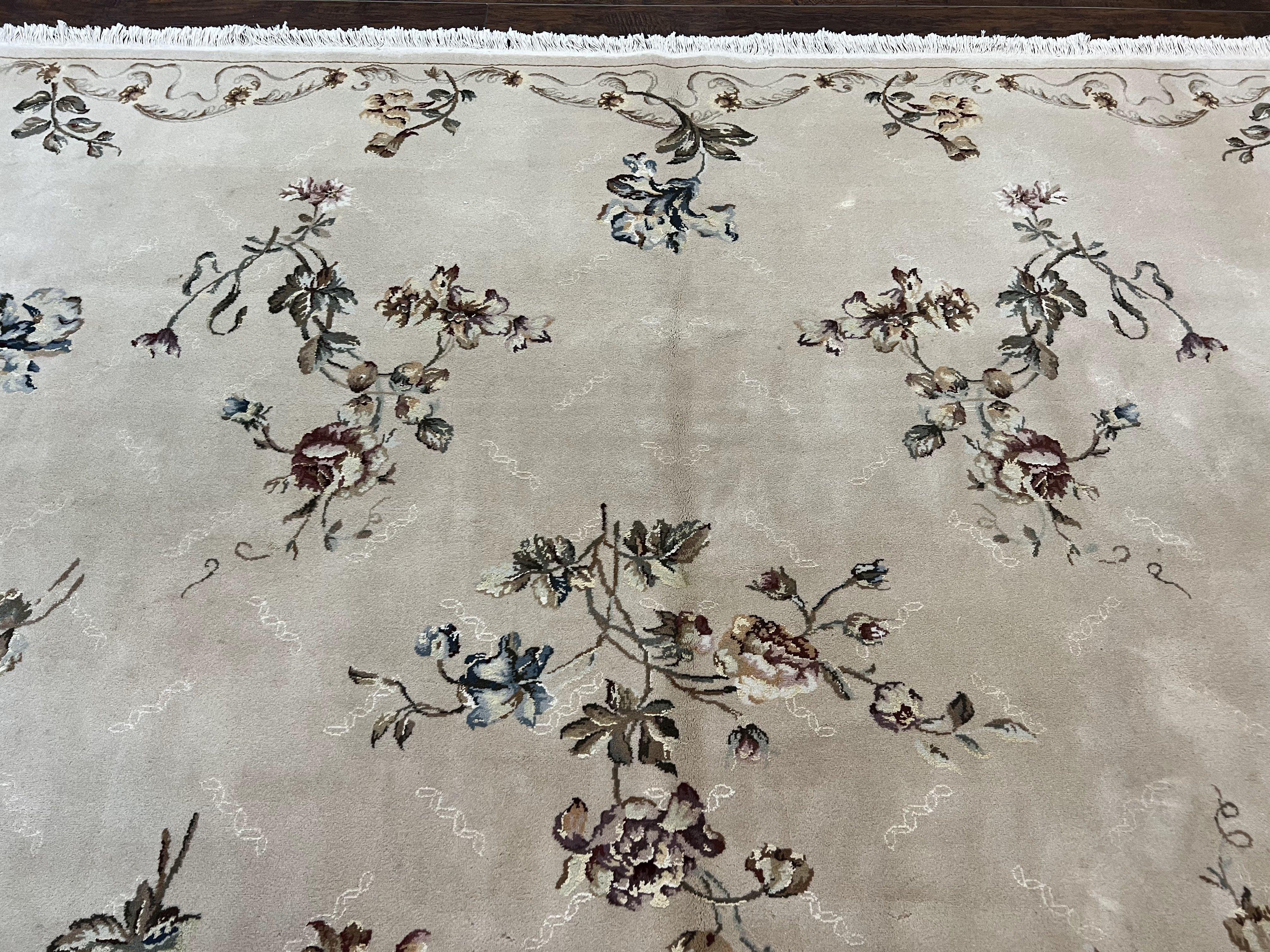 Chinese 120 Line Rug 8x10, Chinese Aubusson Wool & Silk Highlights Handmade Vintage Carpet, Beige Fine Weave Rug, Floral European Design - Jewel Rugs