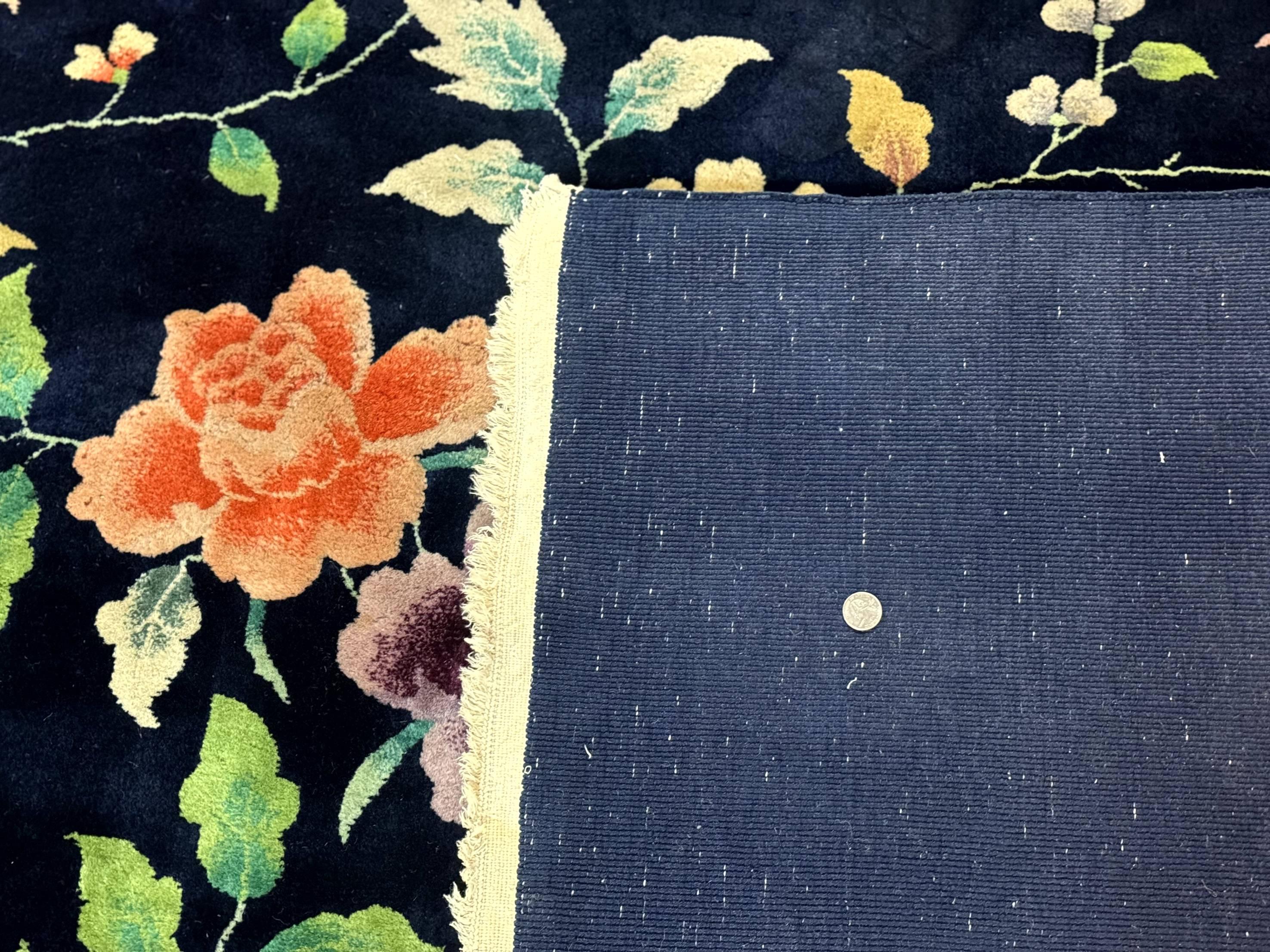 Chinese Art Deco Rug 10 x 11.5, Navy Blue Vintage Nichols Floral Wool Carpet - Jewel Rugs