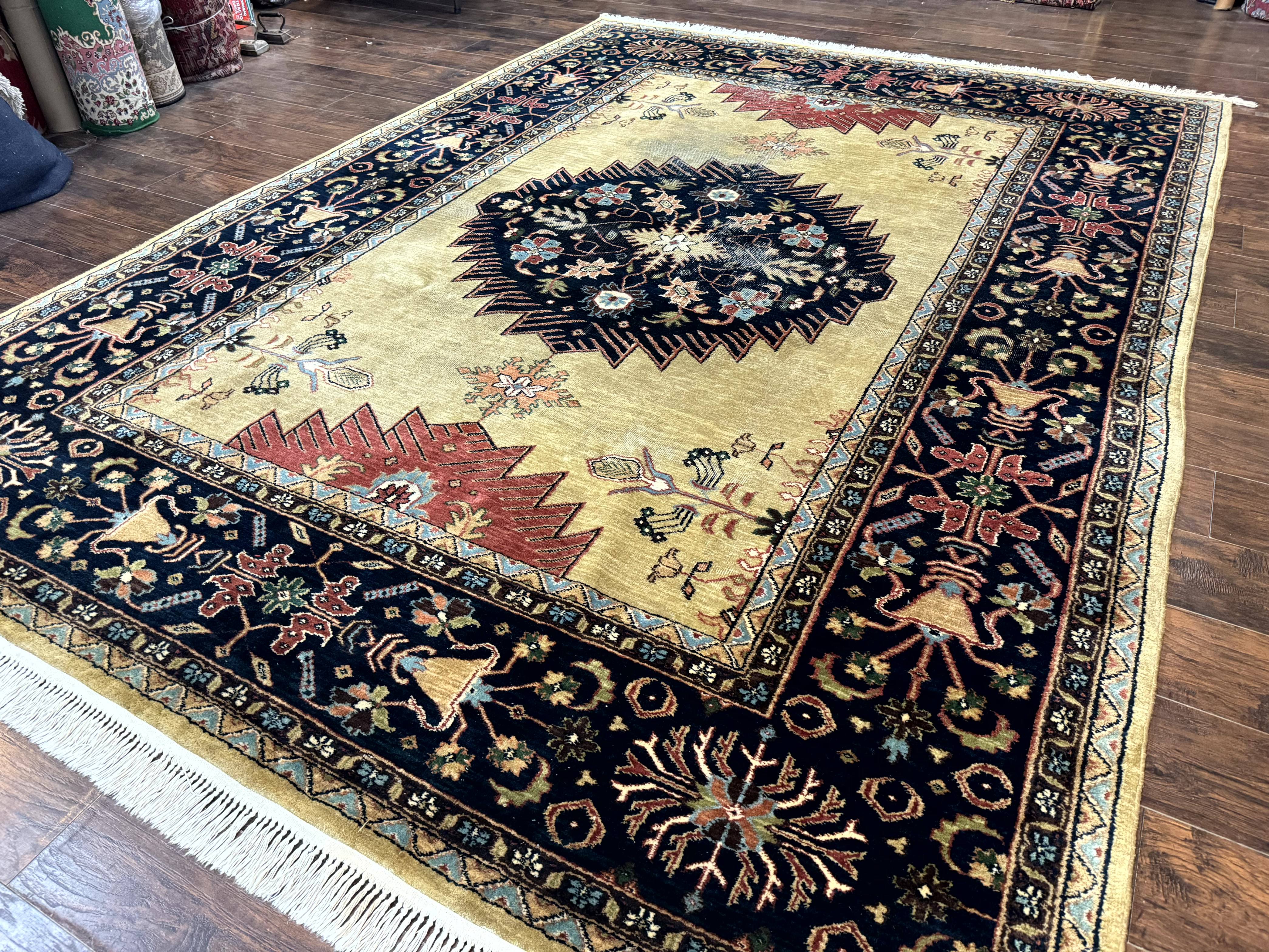 Indo Persian Heriz Rug 8x12, Camel Hair Tan and Navy Blue, Decorative - Jewel Rugs