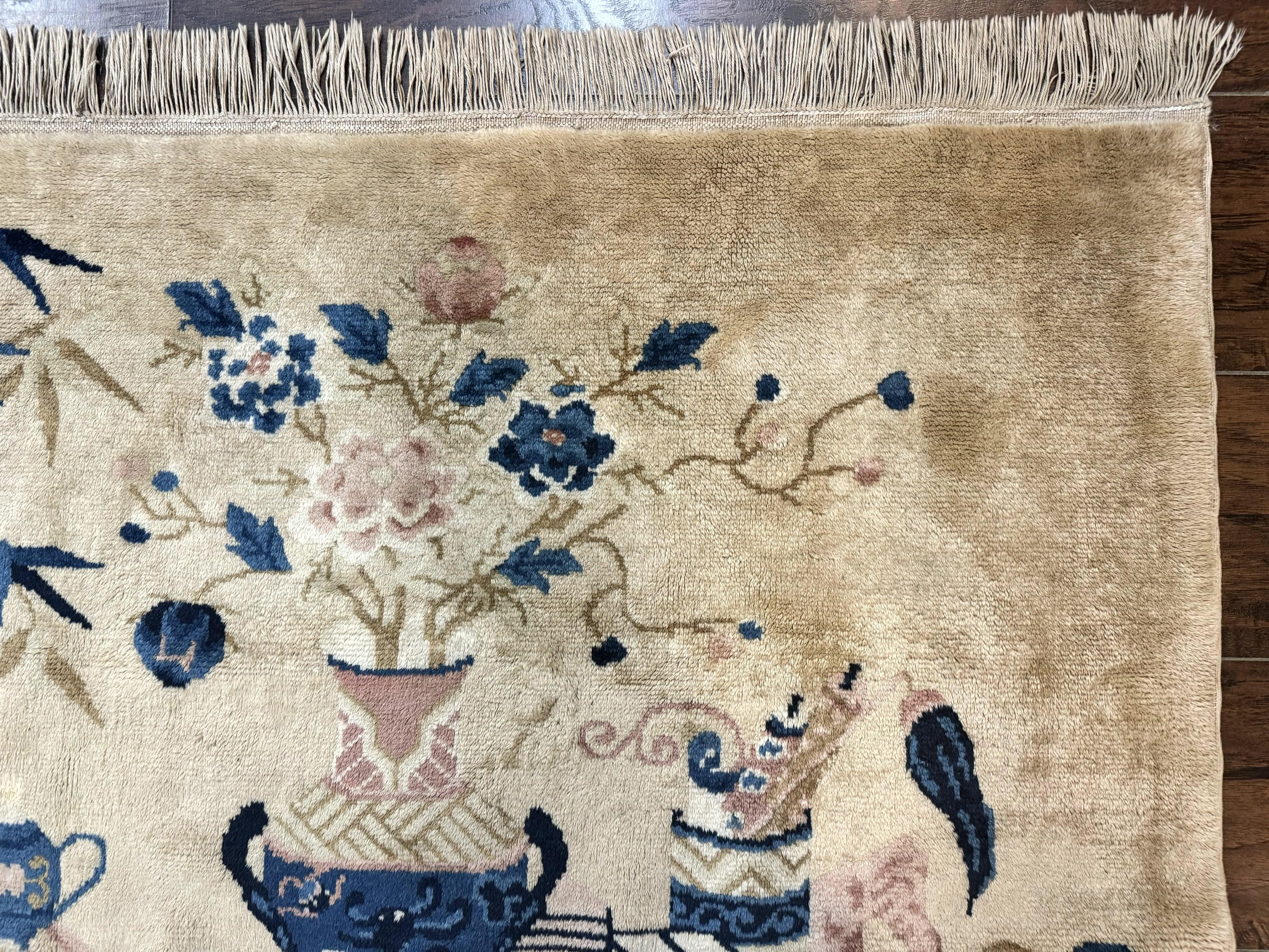 Chinese Rug 5x3, Horizontal Rug, Vases Flowers, Handmade Antique Vintage Carpet, Peking Rug, Chinese Wool Rug - Jewel Rugs