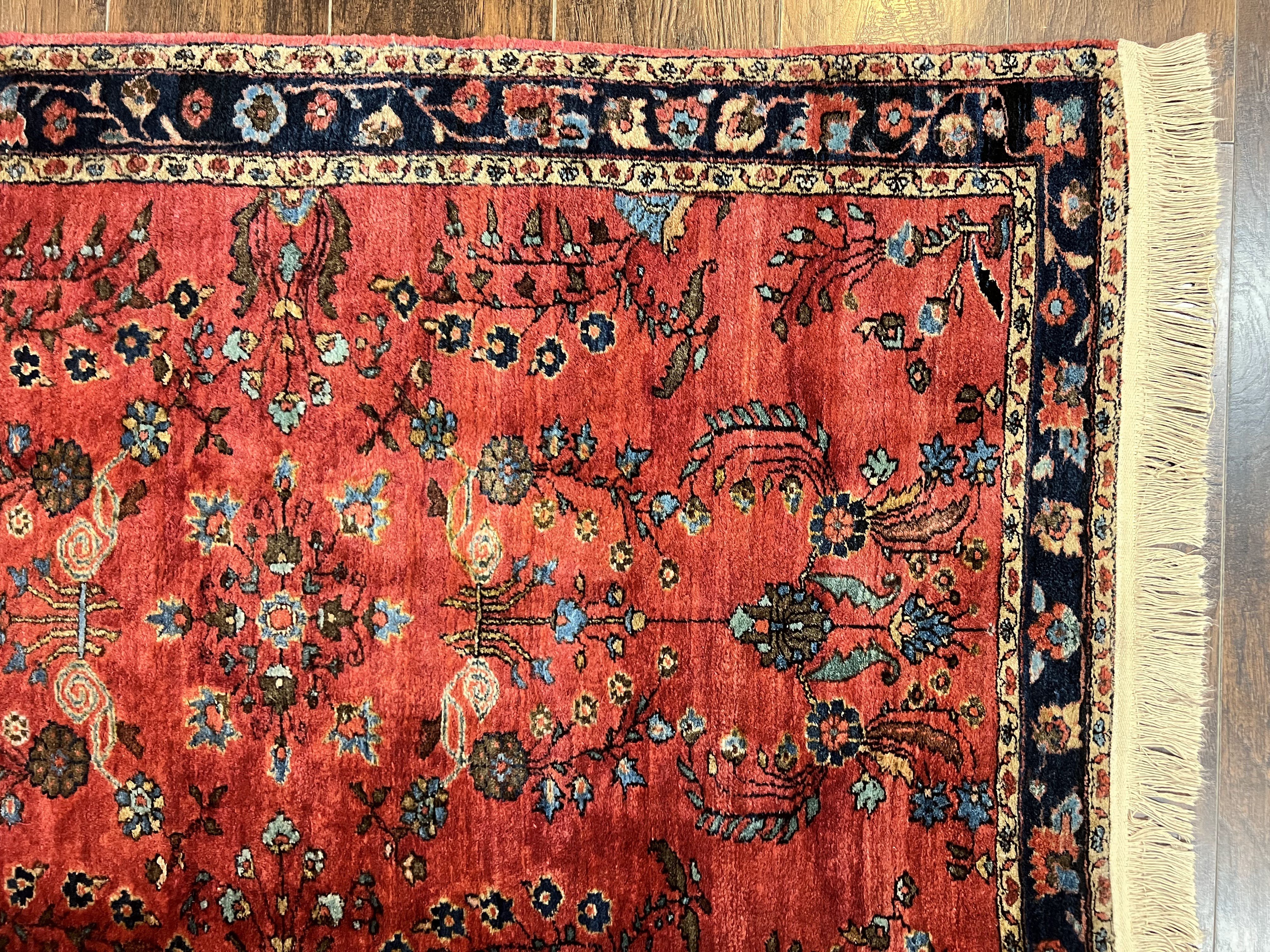 Persian Sarouk Rug 3x5, Antique Persian Carpet, Red and Navy Blue, Hand Knotted Handmade Floral Wool 1920s Fine Oriental Rug - Jewel Rugs