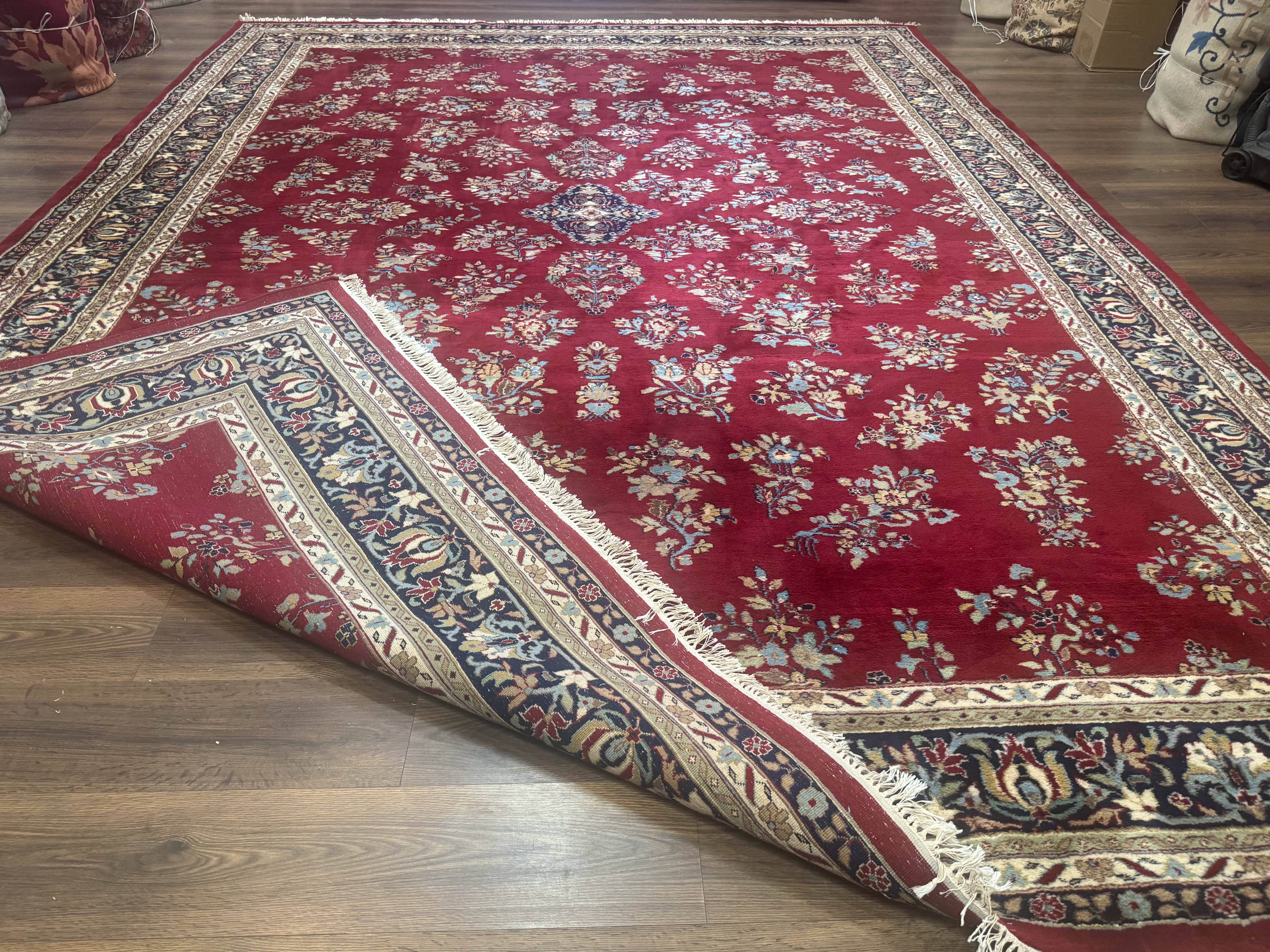 Indo Persian Sarouk Rug 10x14, Large Red and Navy Blue Carpet, Traditional Floral Wool Rug - Jewel Rugs