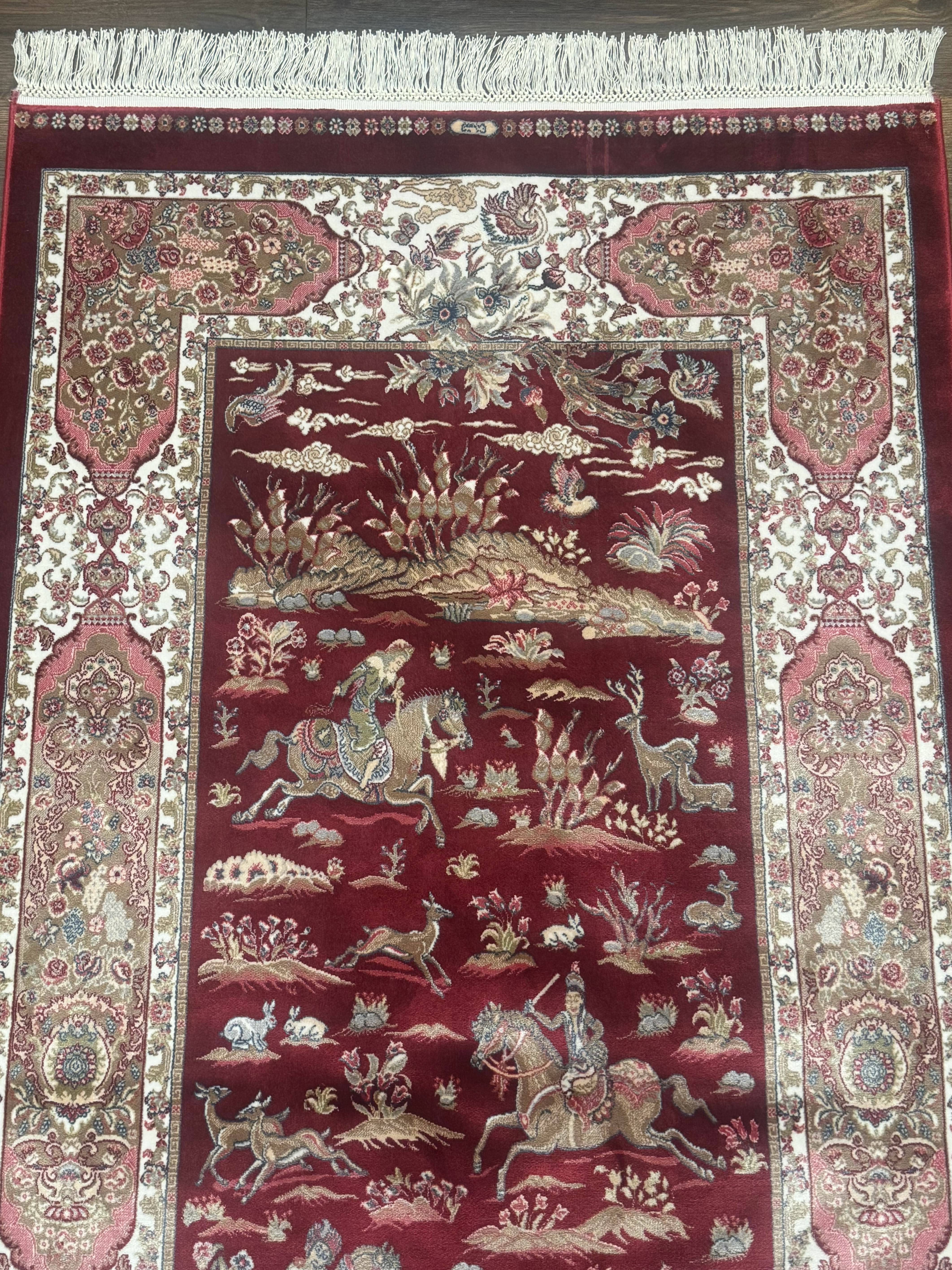 Turkish Silk Rug 3x5, Hunting Design, Dark Red & Ivory, Bamboo Silk, New - Jewel Rugs