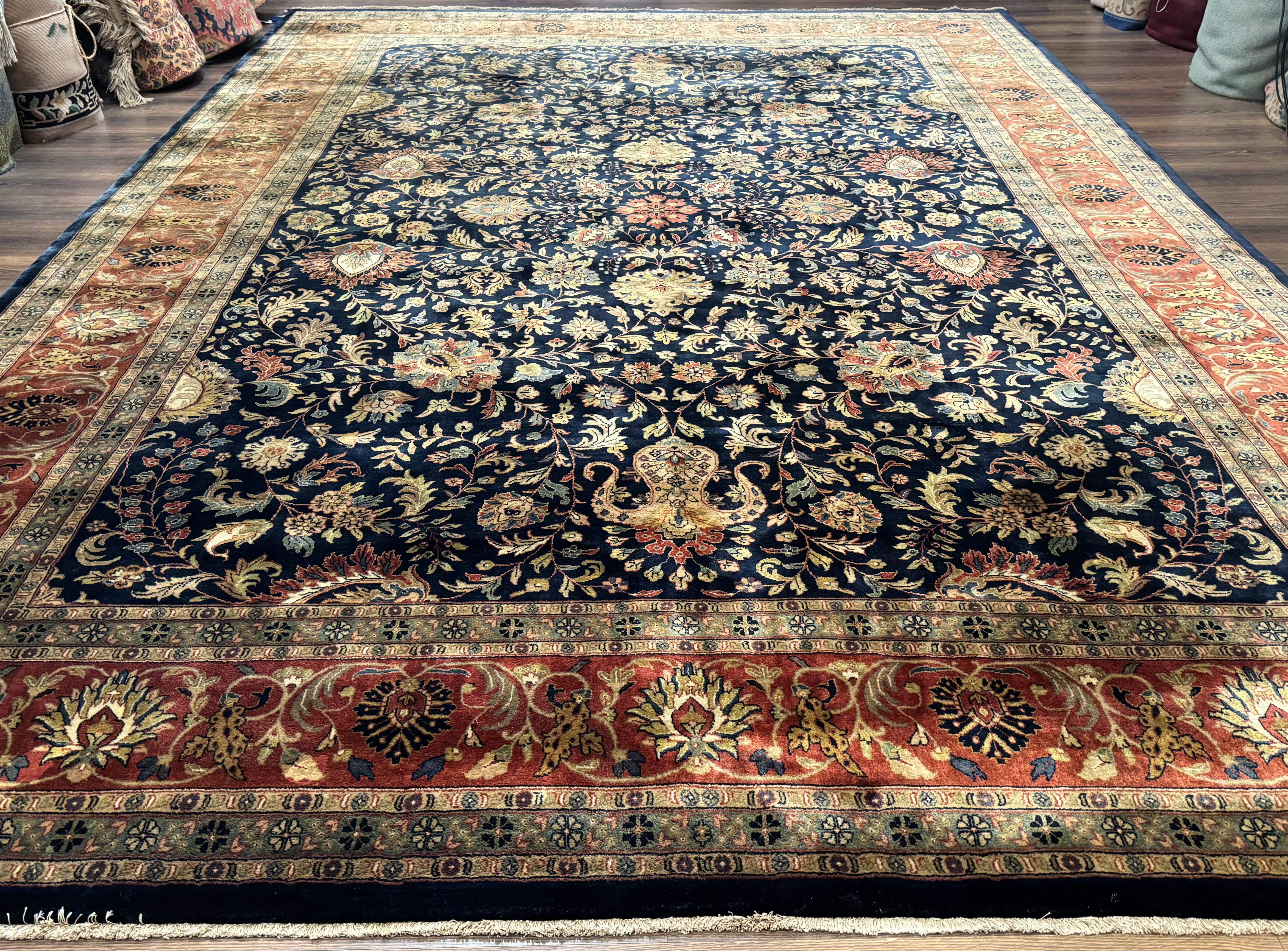 Large Indo Persian Rug 10x14, Navy Blue and Terracotta, Allover Floral Pattern - Jewel Rugs