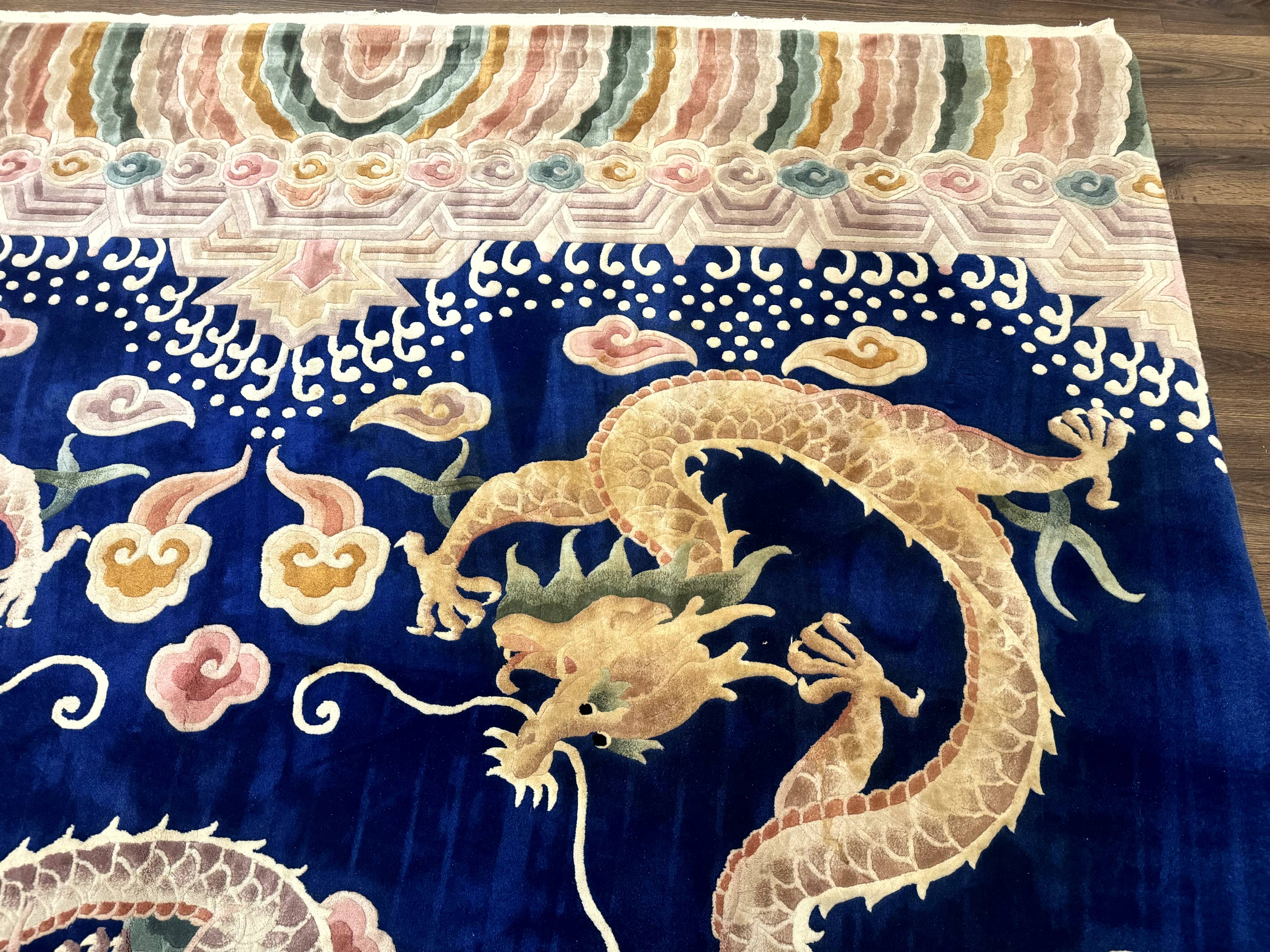Blue Chinese Rug 9x12, Dragons, Rainbow Border, Art Deco Carpet, Peking Rug, Rare - Jewel Rugs
