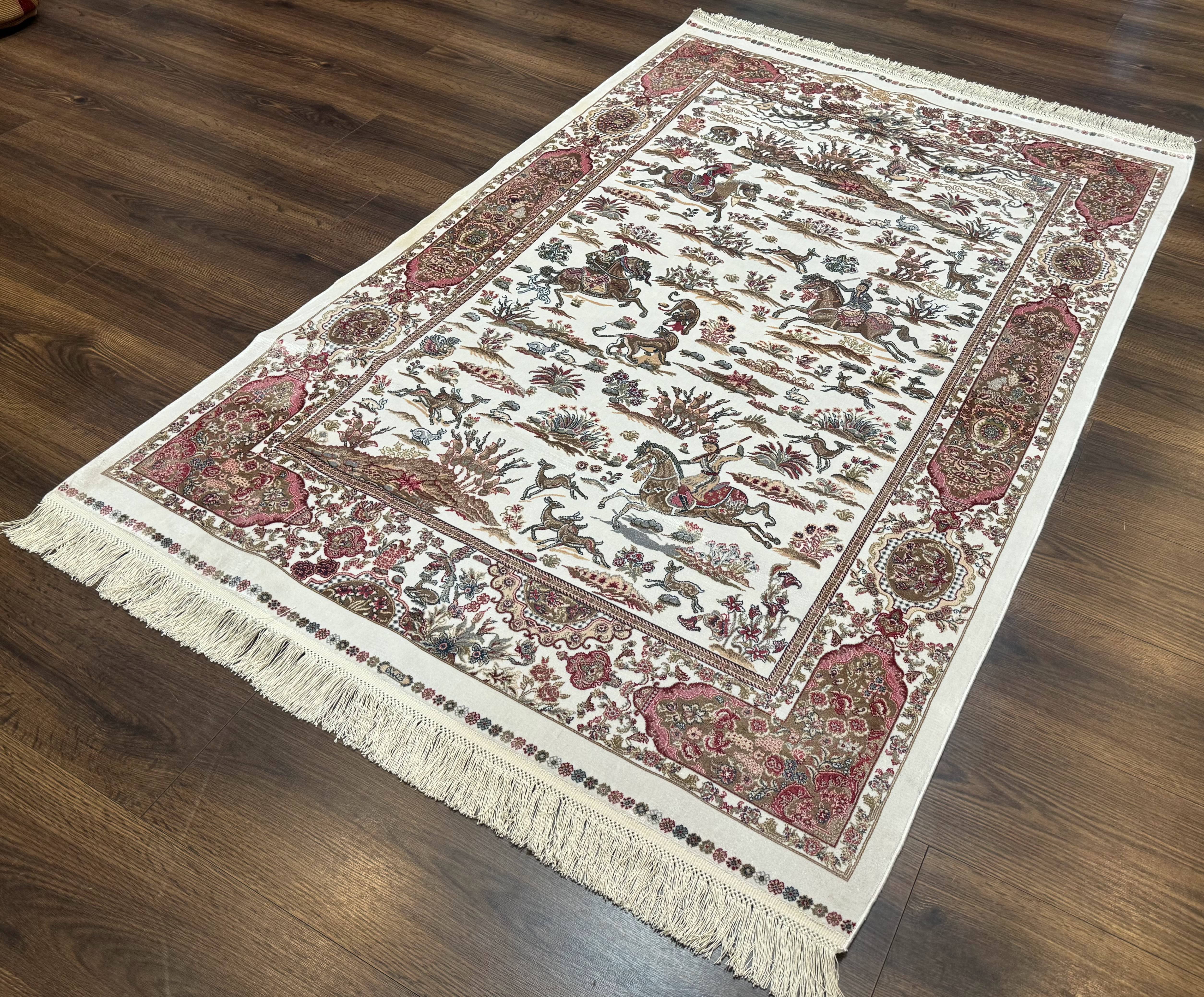 Turkish Silk Hunting Scene Rug 4x6, Ivory, Bamboo Silk, New - Jewel Rugs