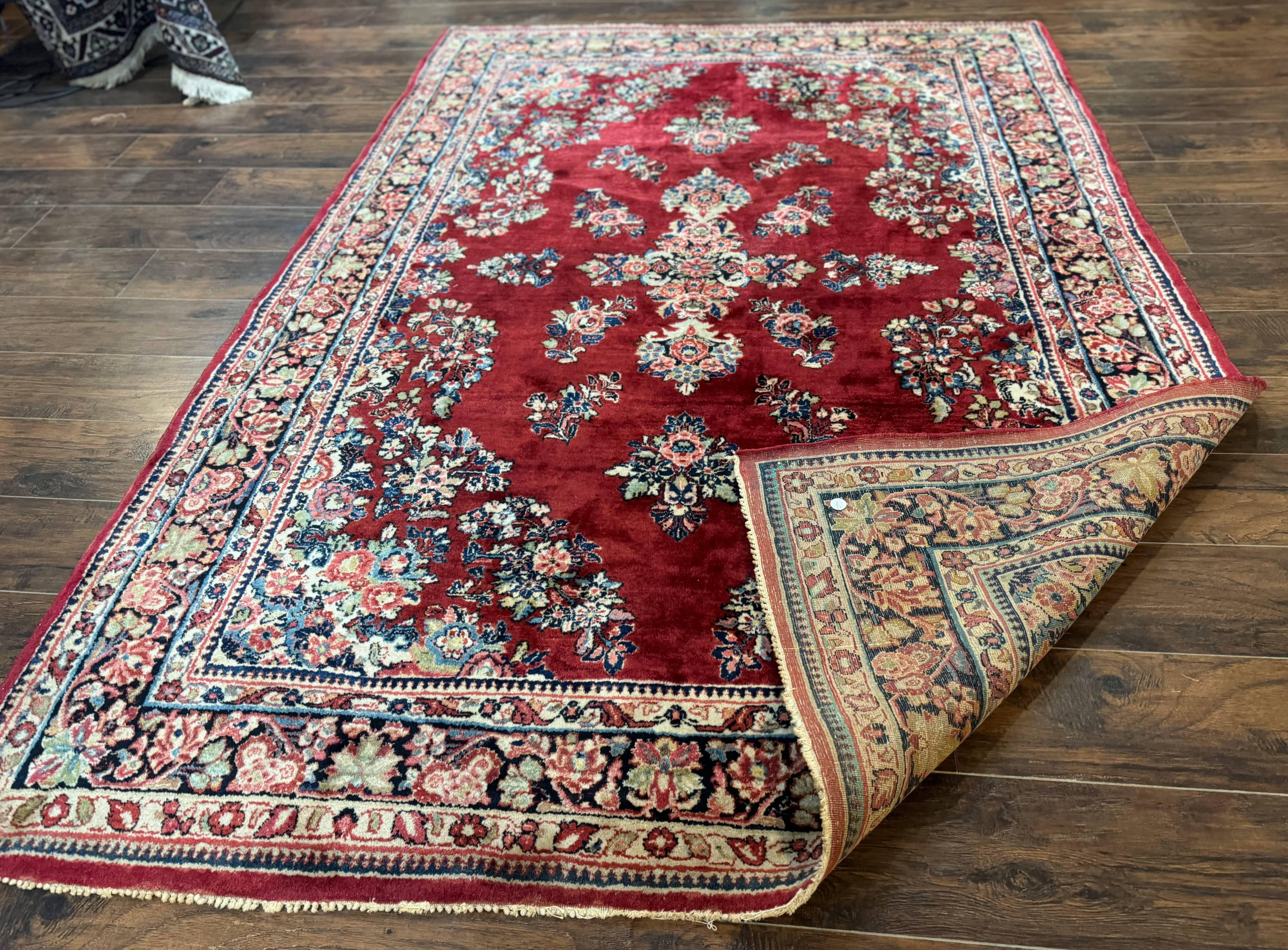 Antique Persian Sarouk Rug 6x9, Red Navy Blue, Handmade, Wool - Jewel Rugs