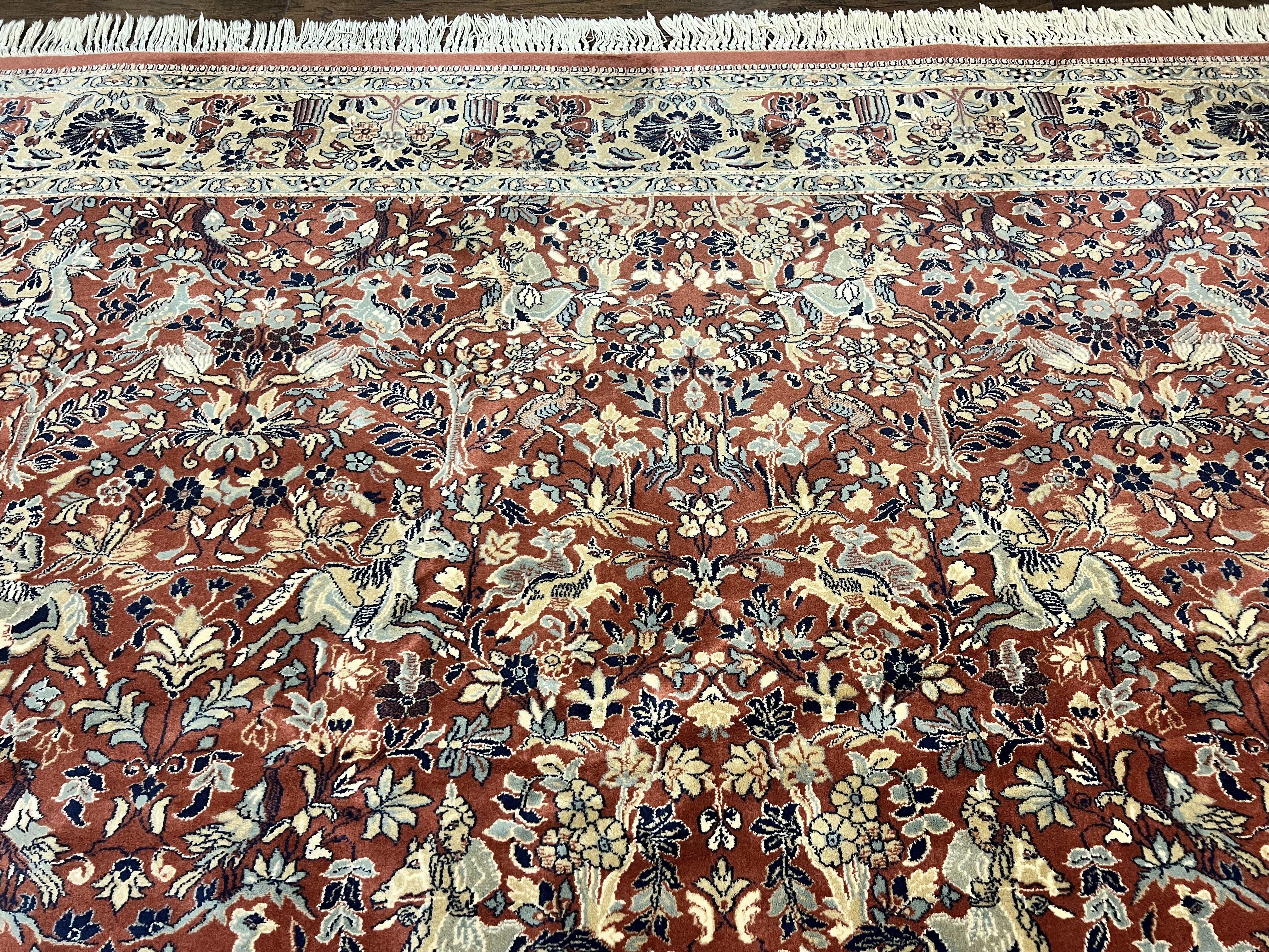 Persian Rug 10 x 13.6, Hunting Scene Rug, Large Wool Carpet, Vintage Couristan Belgium Power Loomed Rug, Red and Beige - Jewel Rugs