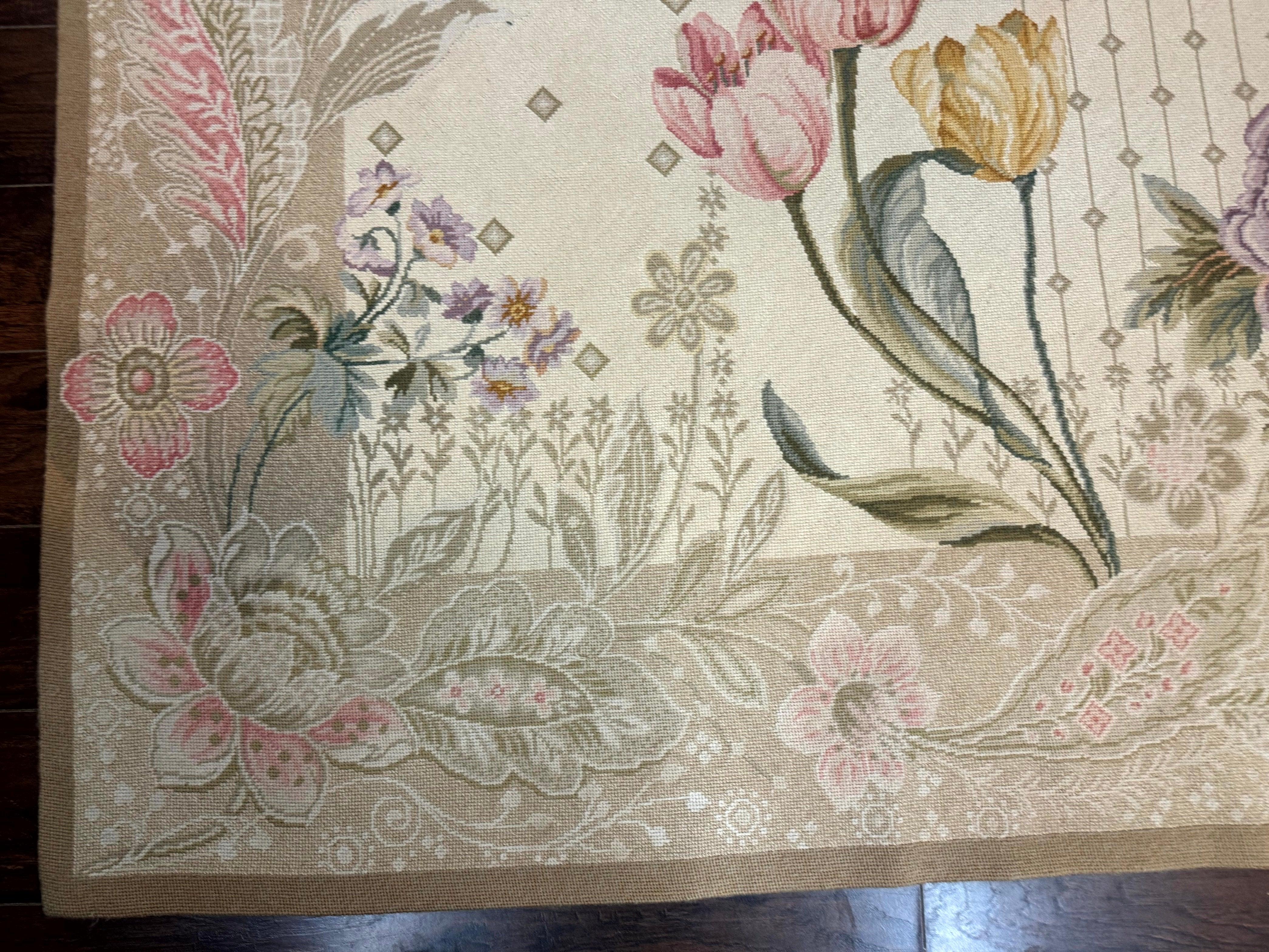 Needlepoint Rug 10x14, Petitepoint Carpet, Floral, Elegant, European Design, Beige Pink Lavender, Large Flowers - Jewel Rugs