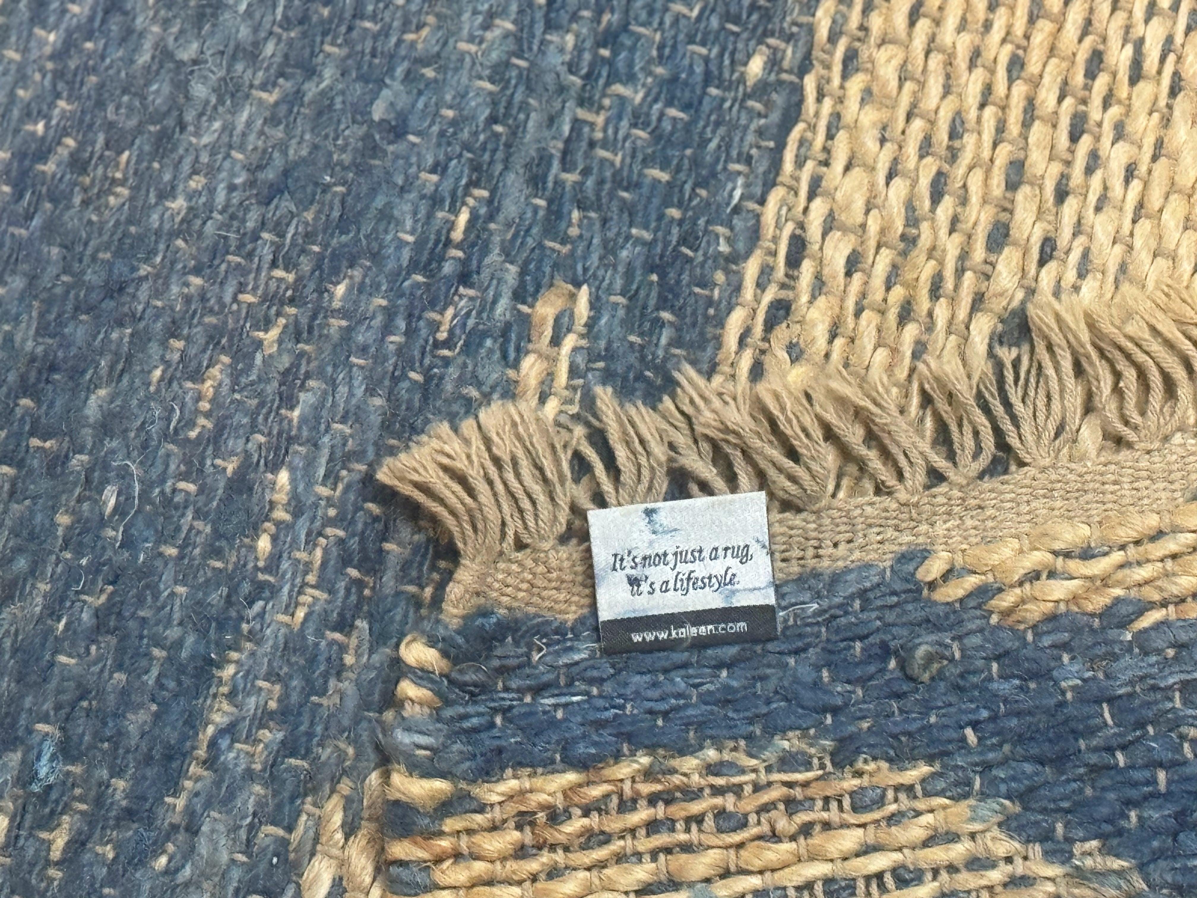 Modern Jute Runner Rug 2.9 x 7.9, Beige and Blue, Handwoven, Kaleen Rug - Jewel Rugs