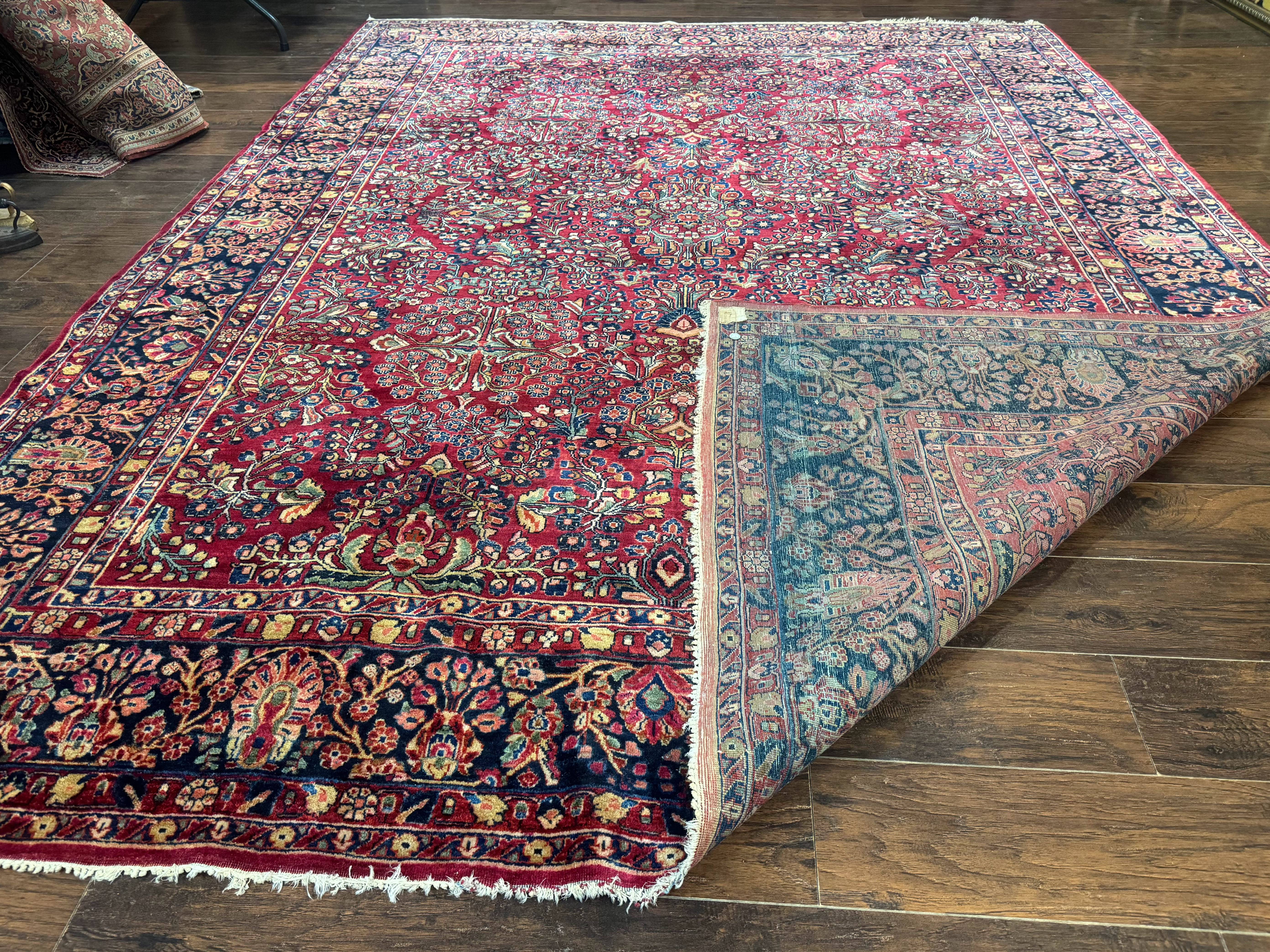Antique Persian Sarouk Rug 9x12, Red and Blue, Large, Wool, Floral Allover - Jewel Rugs