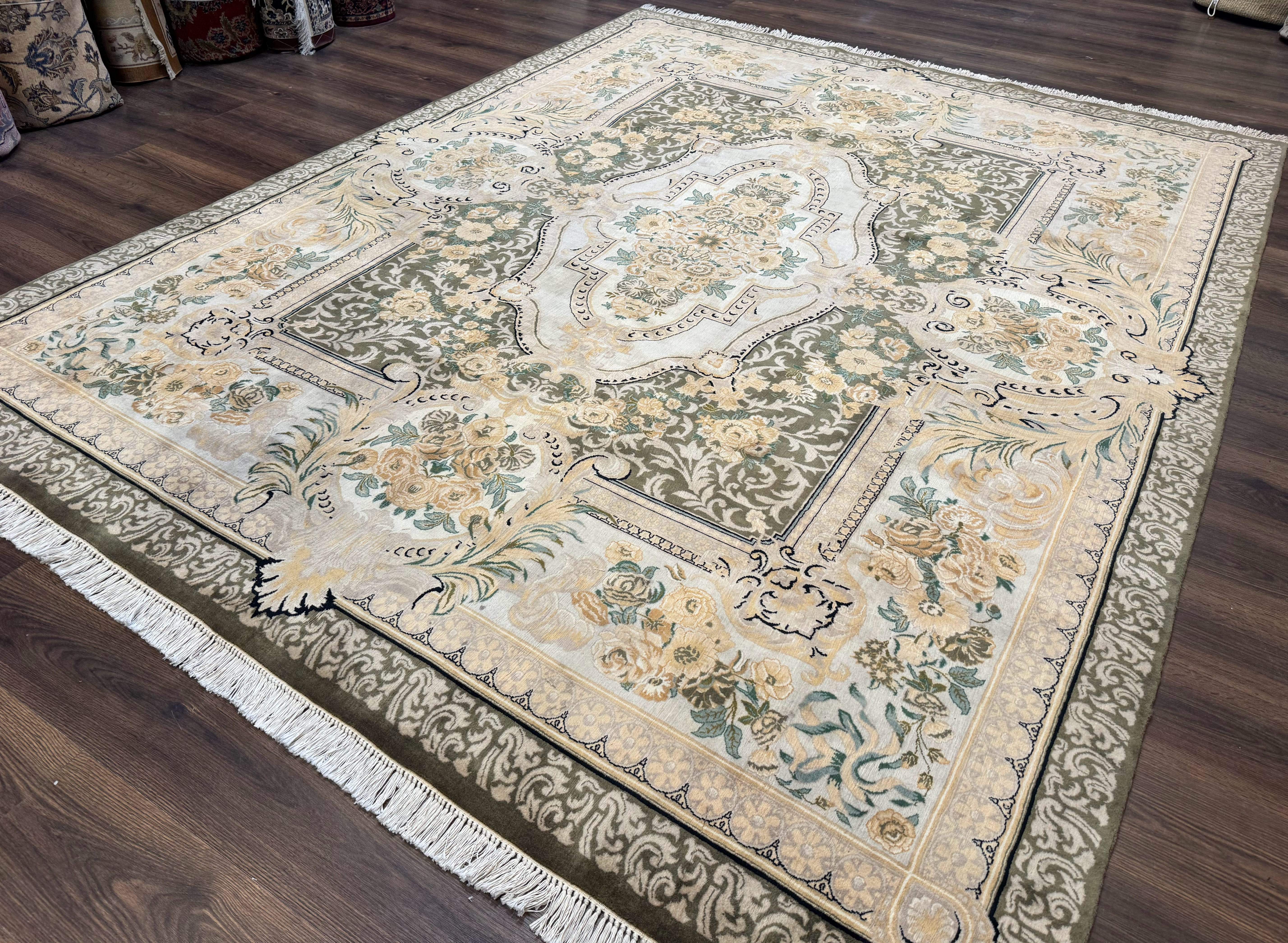 Aubusson Rug 8x10, Very Fine 225 KPSI, Floral, French European Design, Pakistani Carpet - Jewel Rugs