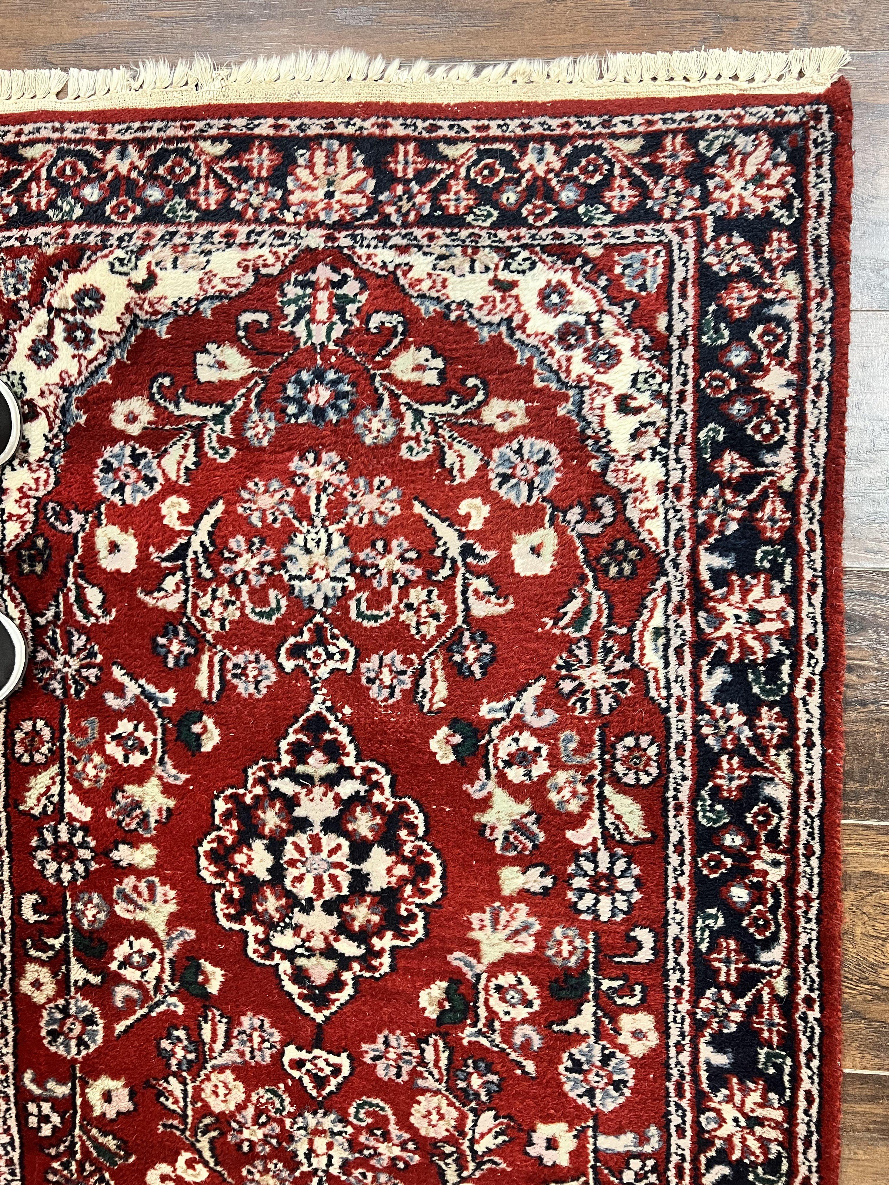 Indo Sarouk Runner Rug 3x8, Wool Hand Knotted Vintage Carpet, Red & Navy Blue Oriental Persian Runner 3 x 8, Floral Hallway Rug - Jewel Rugs