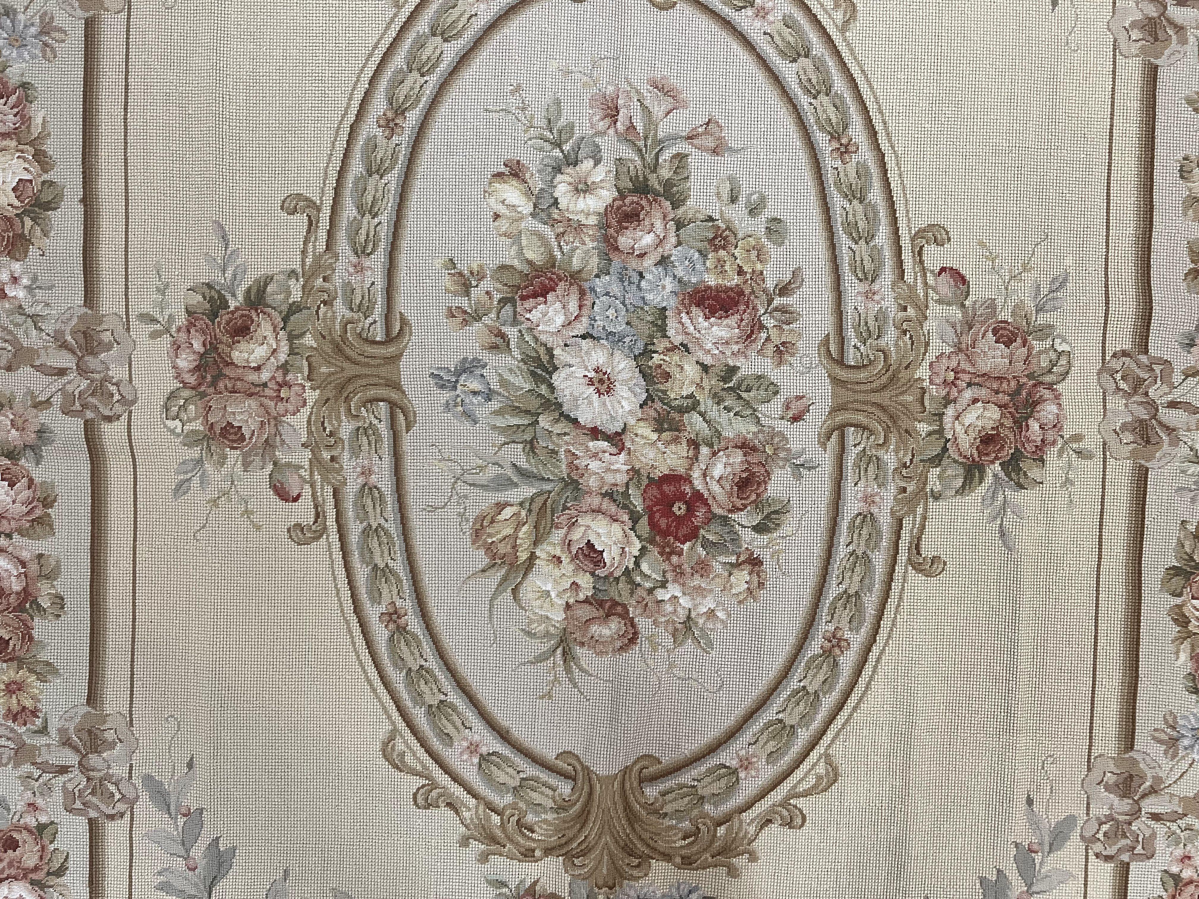 Needlepoint Rug, Aubusson Design, Petit Point Carpet, Floral, Cream, French European Design, Flatweave, Wool, Vintage - Jewel Rugs