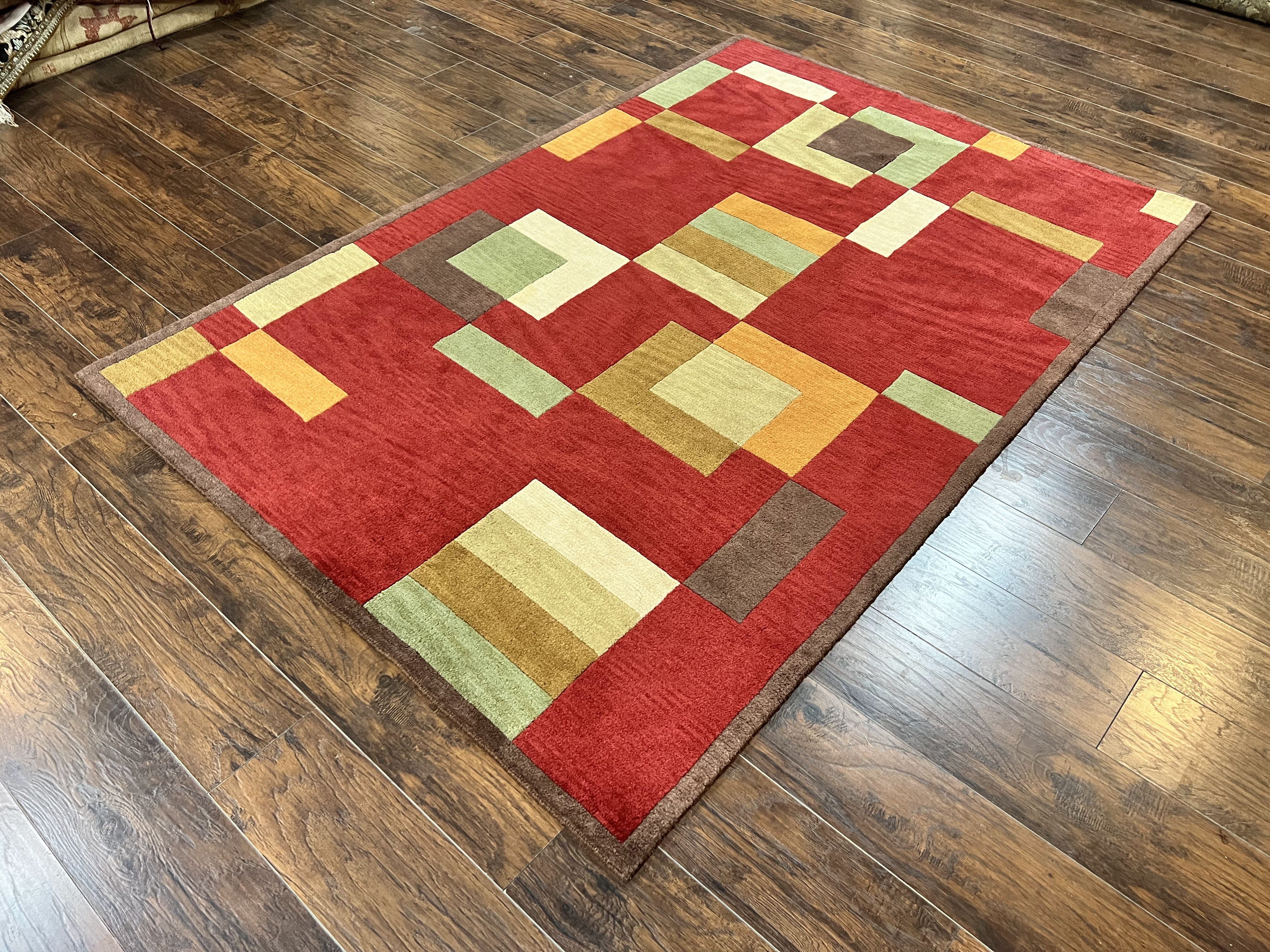 Indo Tibetan Modern Rug 5x8, Abstract Rug 5 x 8 ft, Red Multicolor Wool Handmade Contemporary Area Rug - Jewel Rugs