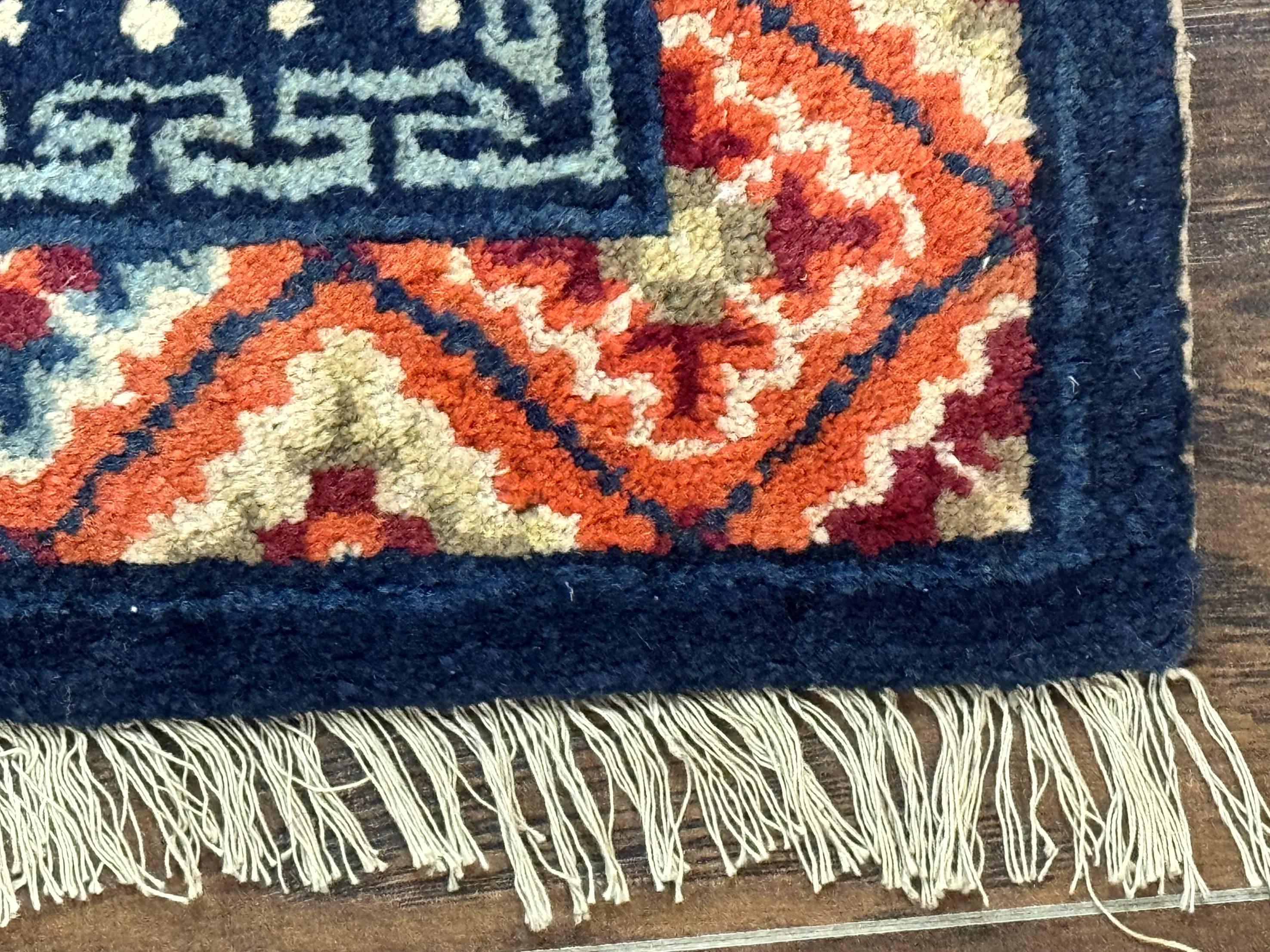 Small Antique Chinese Square Rug 2x3, Tibetan Rug, Red Orange Blue, 1920s Rug - Jewel Rugs