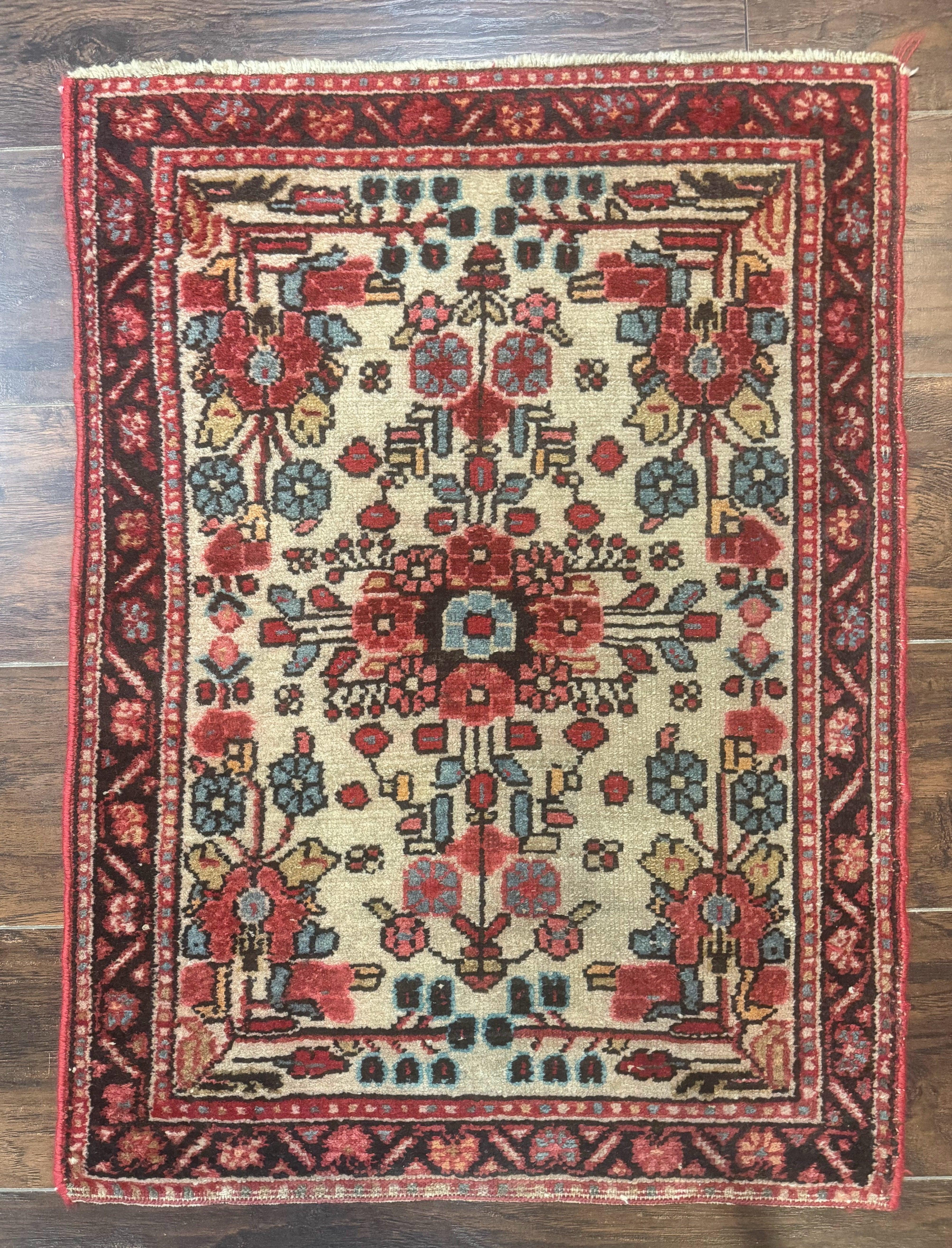 Small Antique Persian Rug 2x3, Beige and Red, Floral, Wool, Hamadan Rug - Jewel Rugs