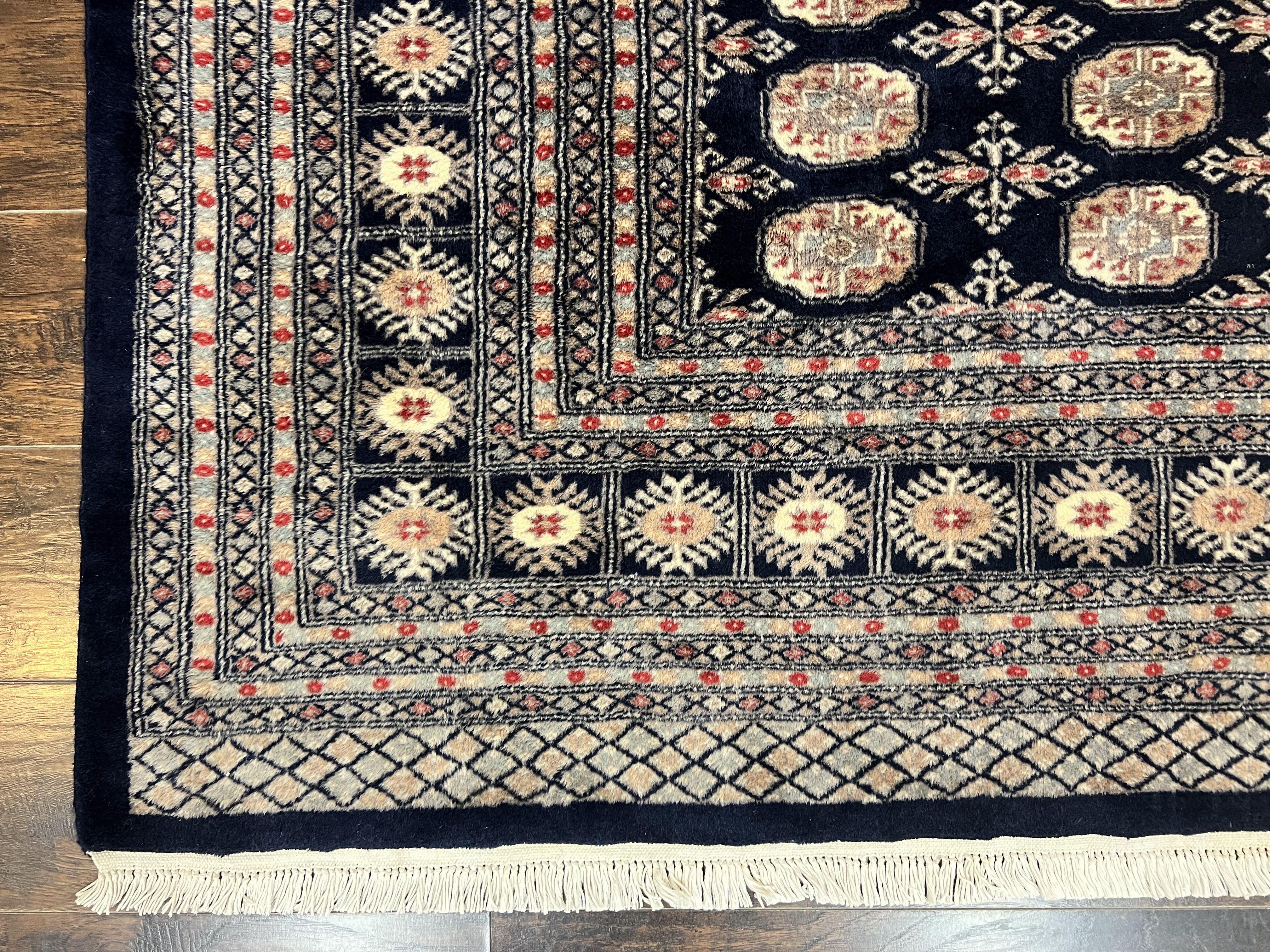 Pakistani Bokhara Rug 8x10, Turkoman Carpet, Dark Blue and Beige, Vintage Handmade Wool Carpet - Jewel Rugs