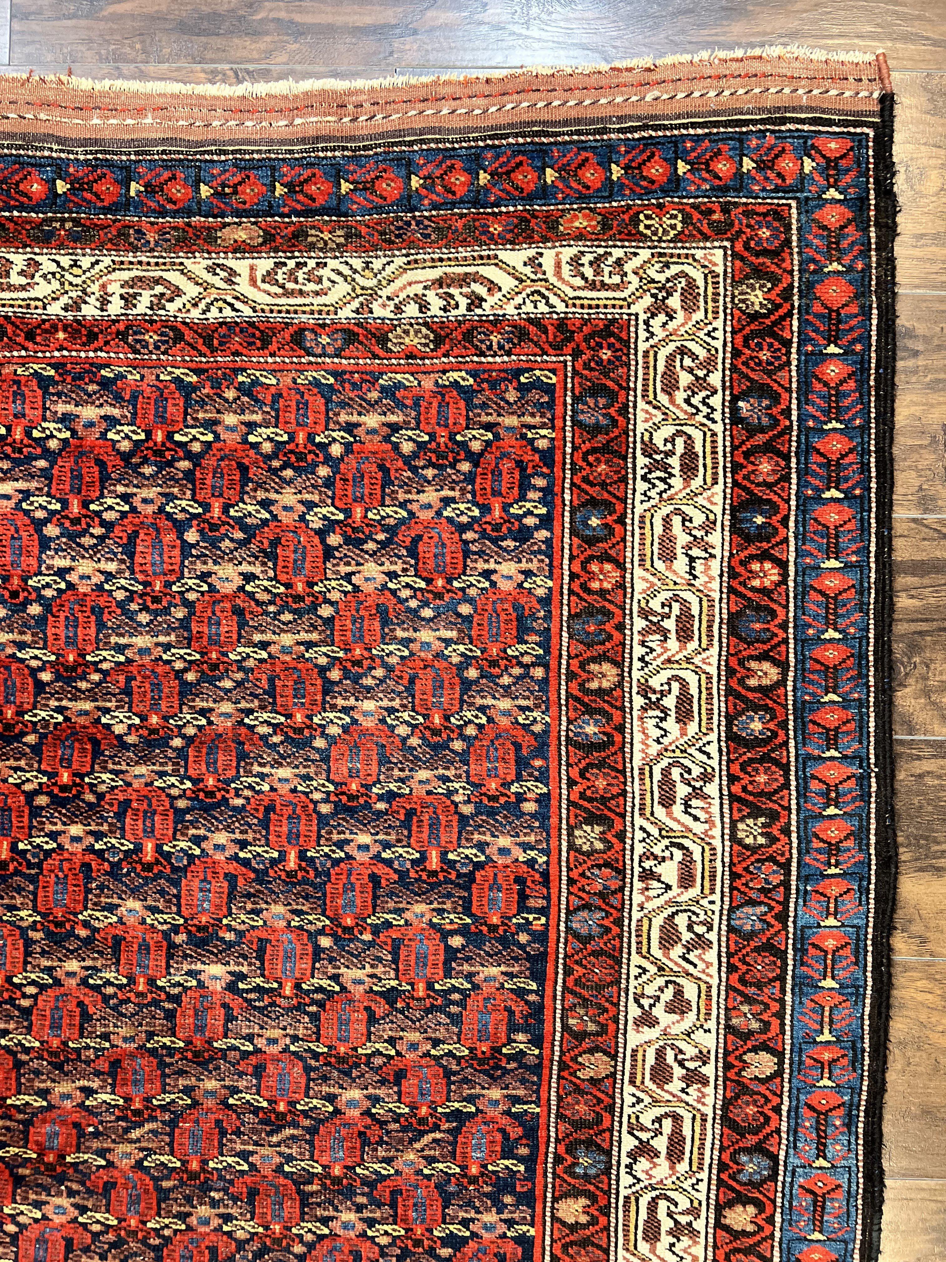 Persian Kurdish Rug 5x6, Wool Hand Knotted Vintage Carpet, Red Blue Cream, Boteh Paisley Pattern, 5 x 6 Medium Sized Oriental Rug - Jewel Rugs