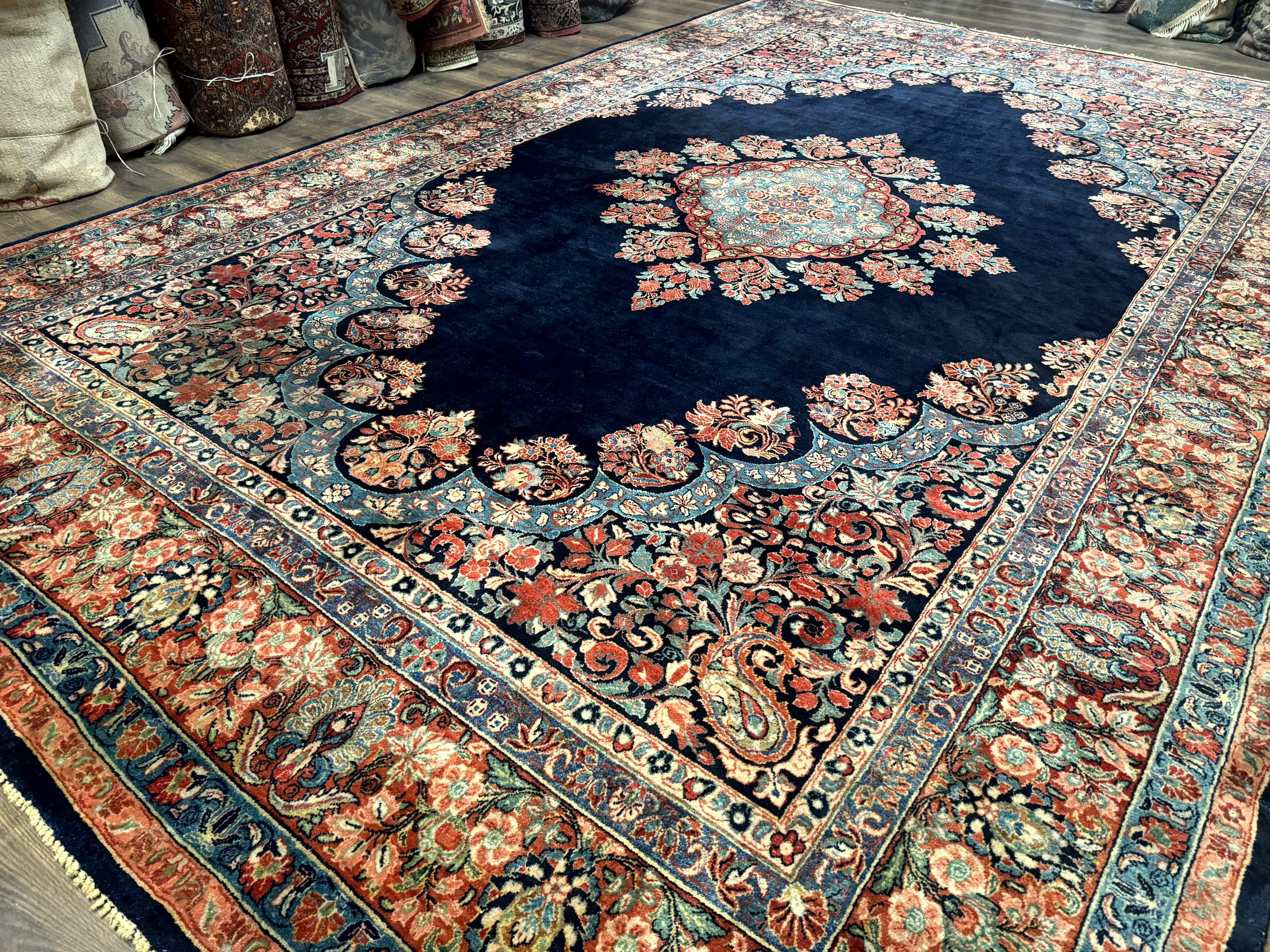 Persian Sarouk Rug 10x16 – Navy Blue and Red, Hand-Knotted Wool Antique Carpet - Jewel Rugs