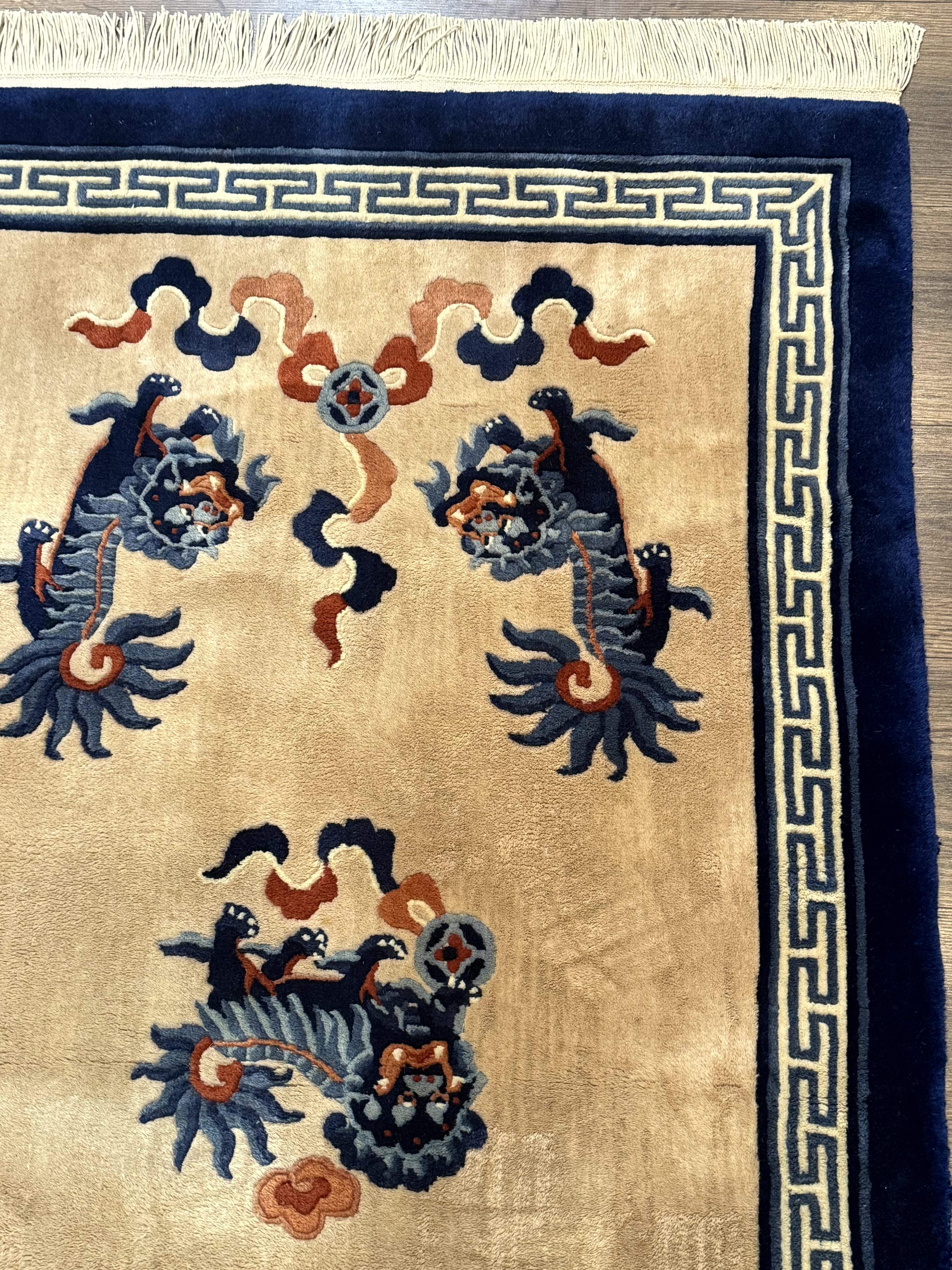 Chinese Peking Rug 3x5, Dragons, Beige and Blue, Wool Chinese Carpet - Jewel Rugs