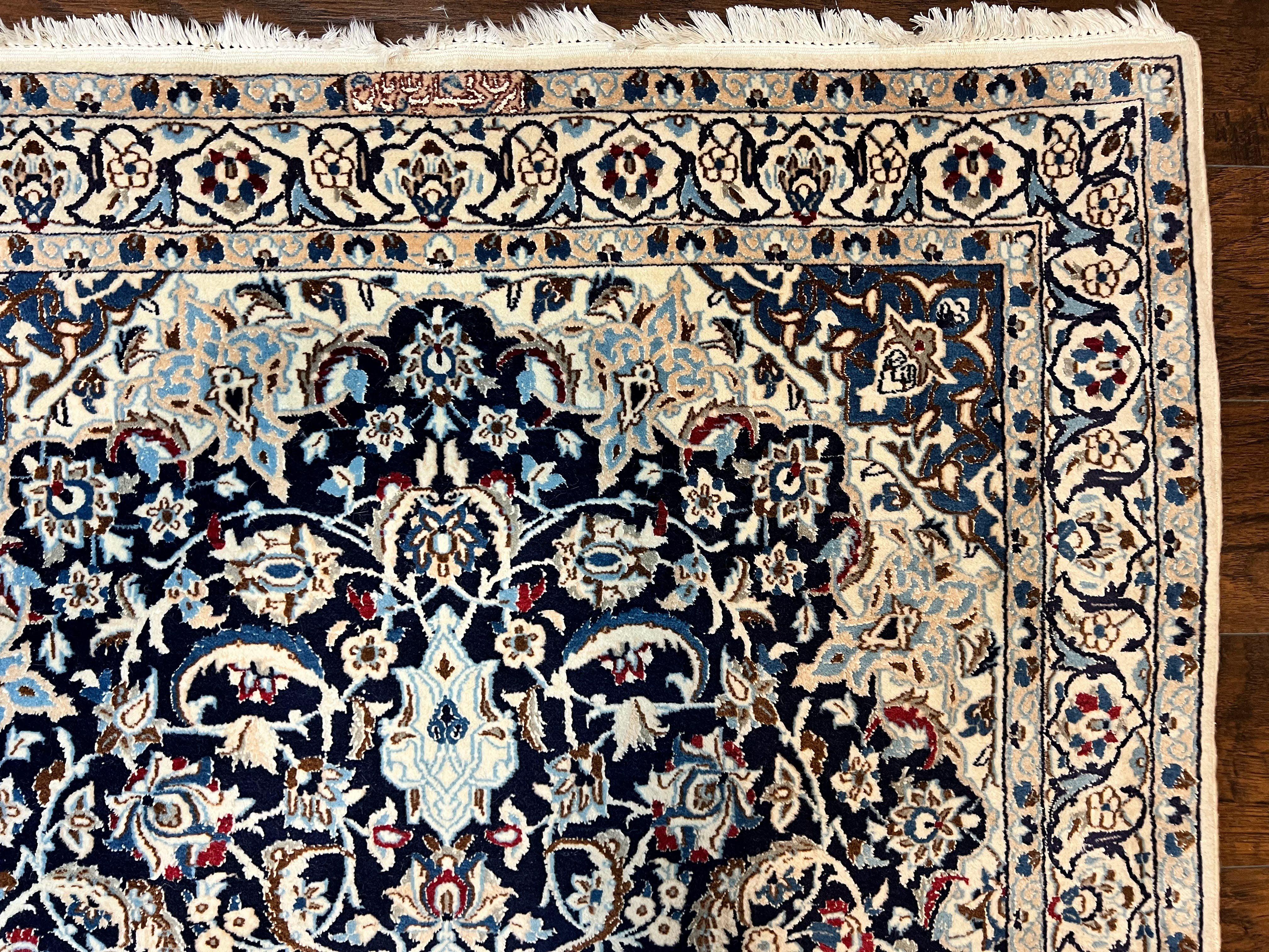 Persian Nain Rug 4x6, Floral, Hand Knotted Vintage Wool & Silk Highlights, Signature from Masterweaver, Navy Blue and Ivory - Jewel Rugs