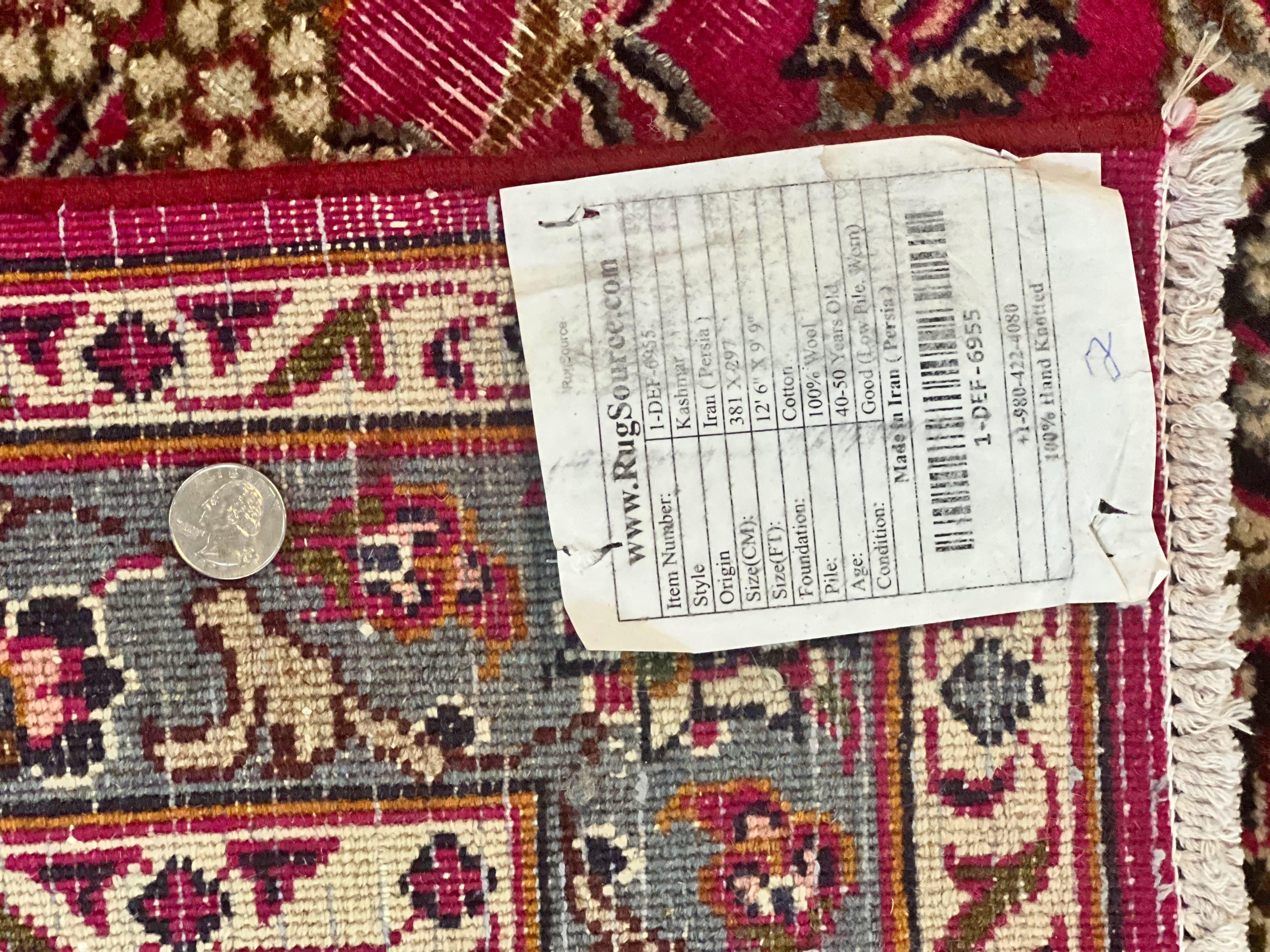 Persian Rug 10x13, Wool Hand Knotted Antique Kashmar Carpet, Raspberry Red & Navy Blue, Floral Medallion, Traditional Oriental Rug 10 x 13 - Jewel Rugs