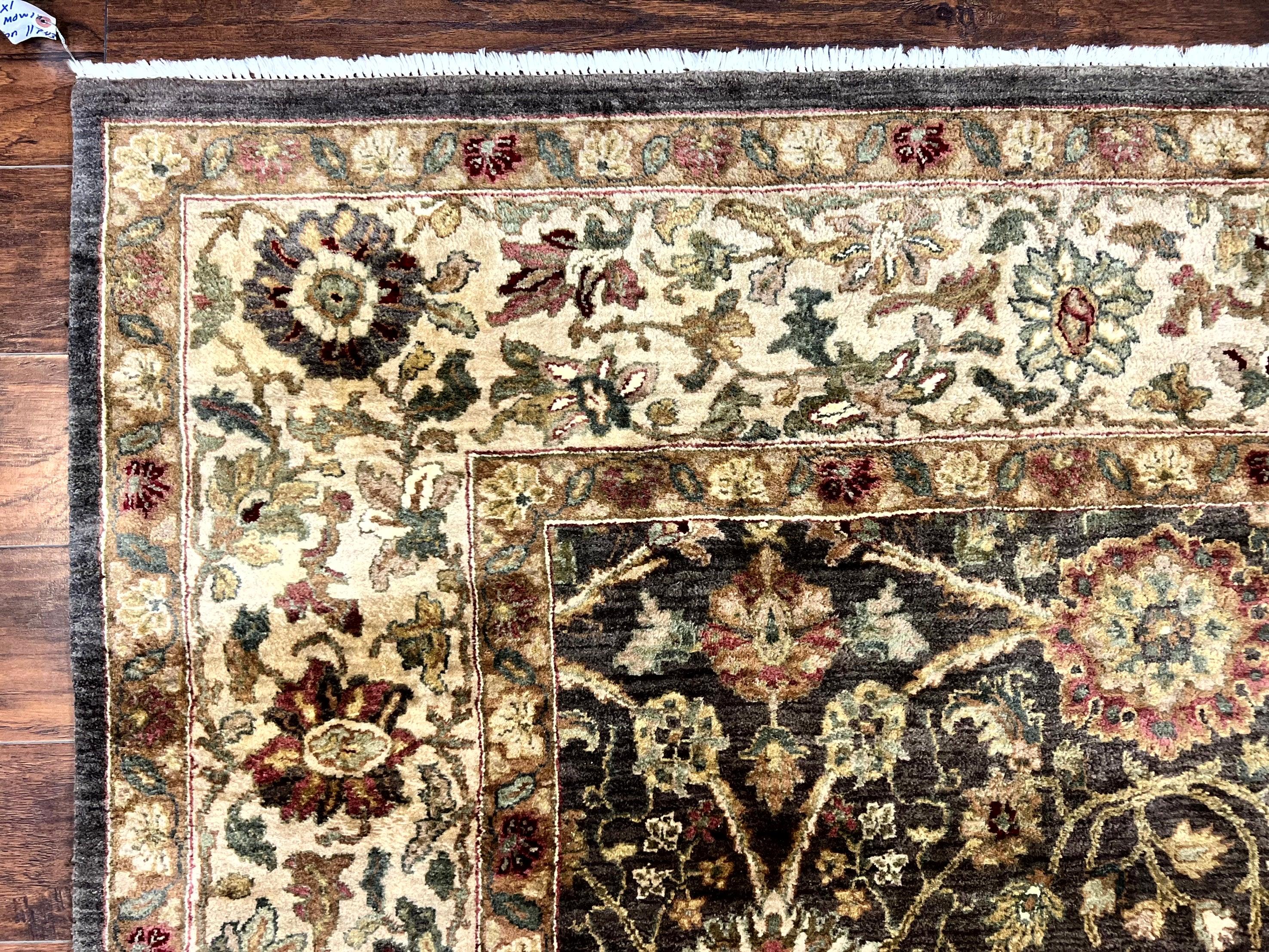 Indo Persian Rug 10x14, Indian Mahal Carpet, Large Wool Hand Knotted Carpet, Traditional Rug, Floral Allover, Dark Brown - Jewel Rugs