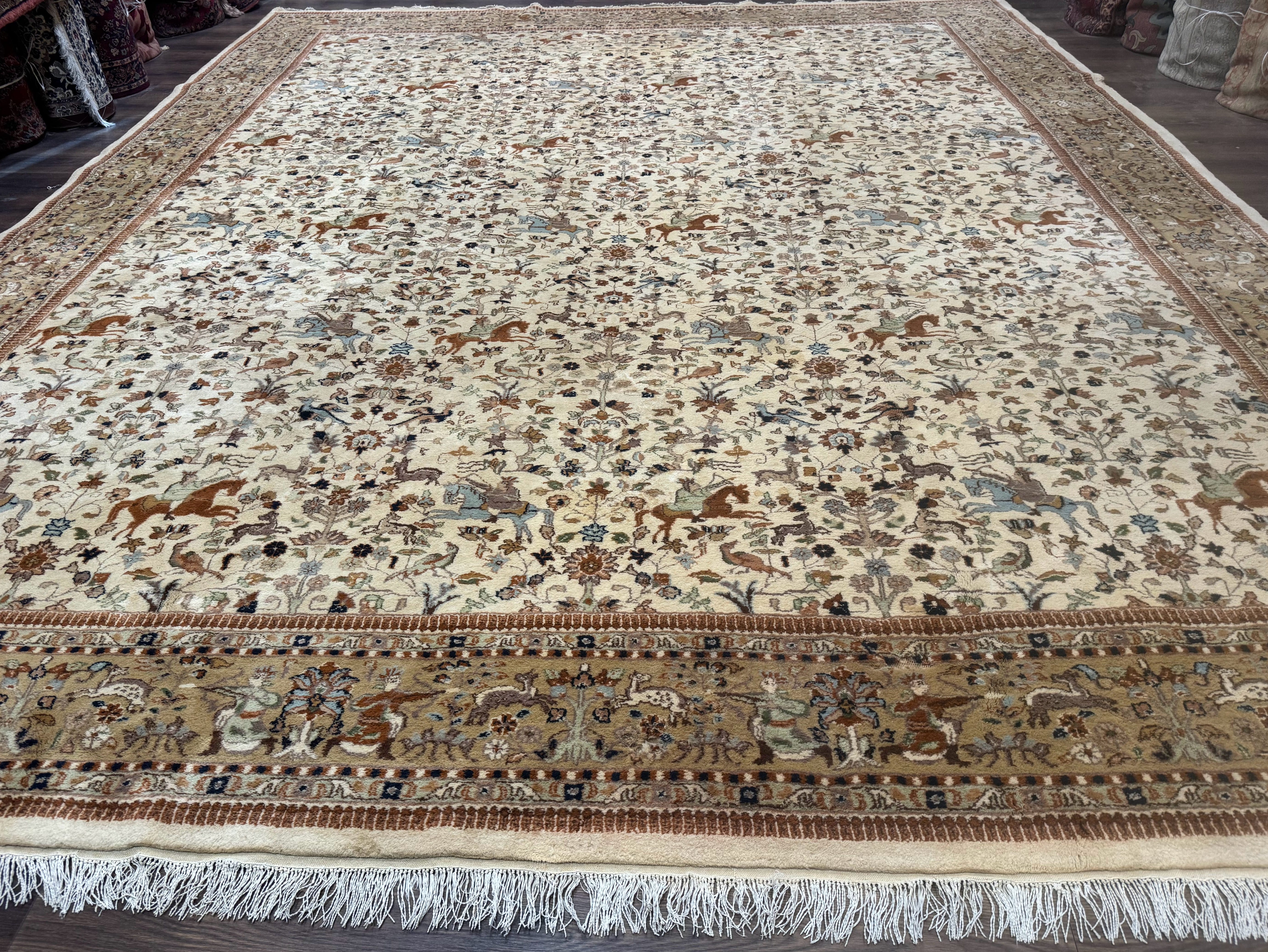 Palace Size Persian Tabriz Rug 12x15 – Beige and Tan, Hunting Design, Wool, Animal Pictorials - Jewel Rugs
