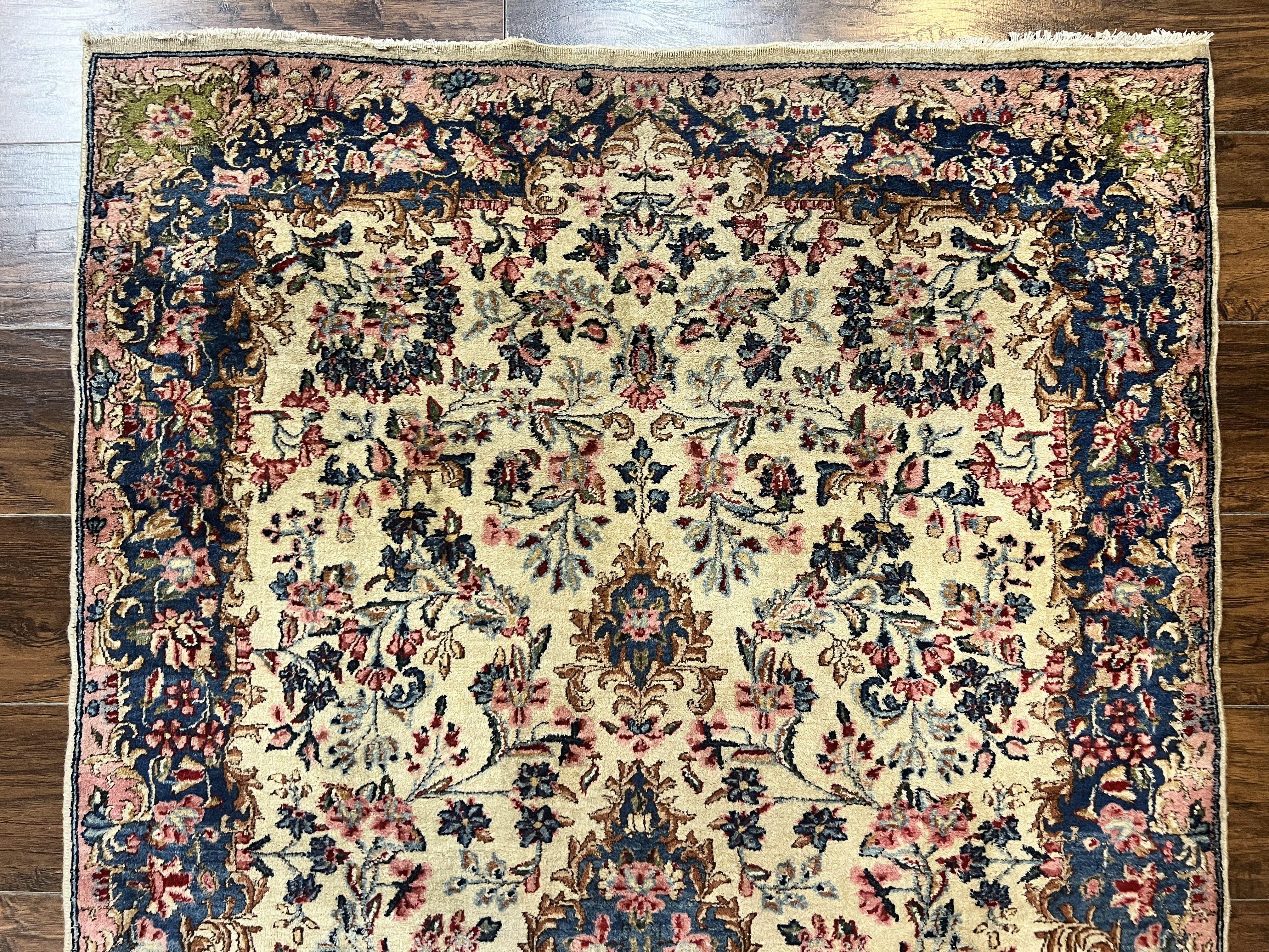 Antique Persian Kirman Rug 4x7, Cream and Navy Blue, Hand Knotted Wool Floral Carpet - Jewel Rugs