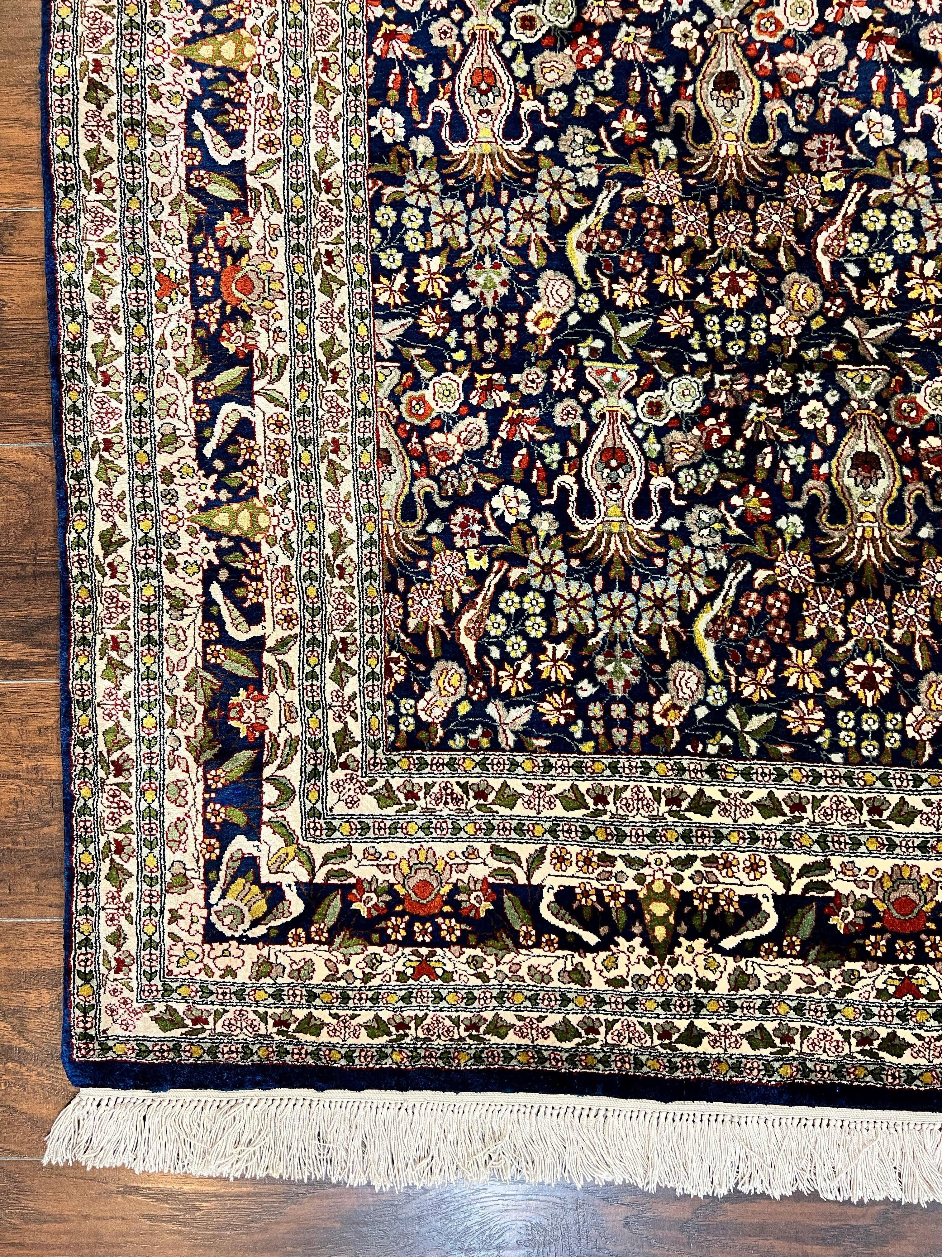 Silk Indian Kashmiri Rug 5x7, Navy Blue Indo Persian Silk Carpet 5 x 7 ft, Hand Knotted Handmade Very Fine Oriental Carpet, 450 KPSI, Birds - Jewel Rugs