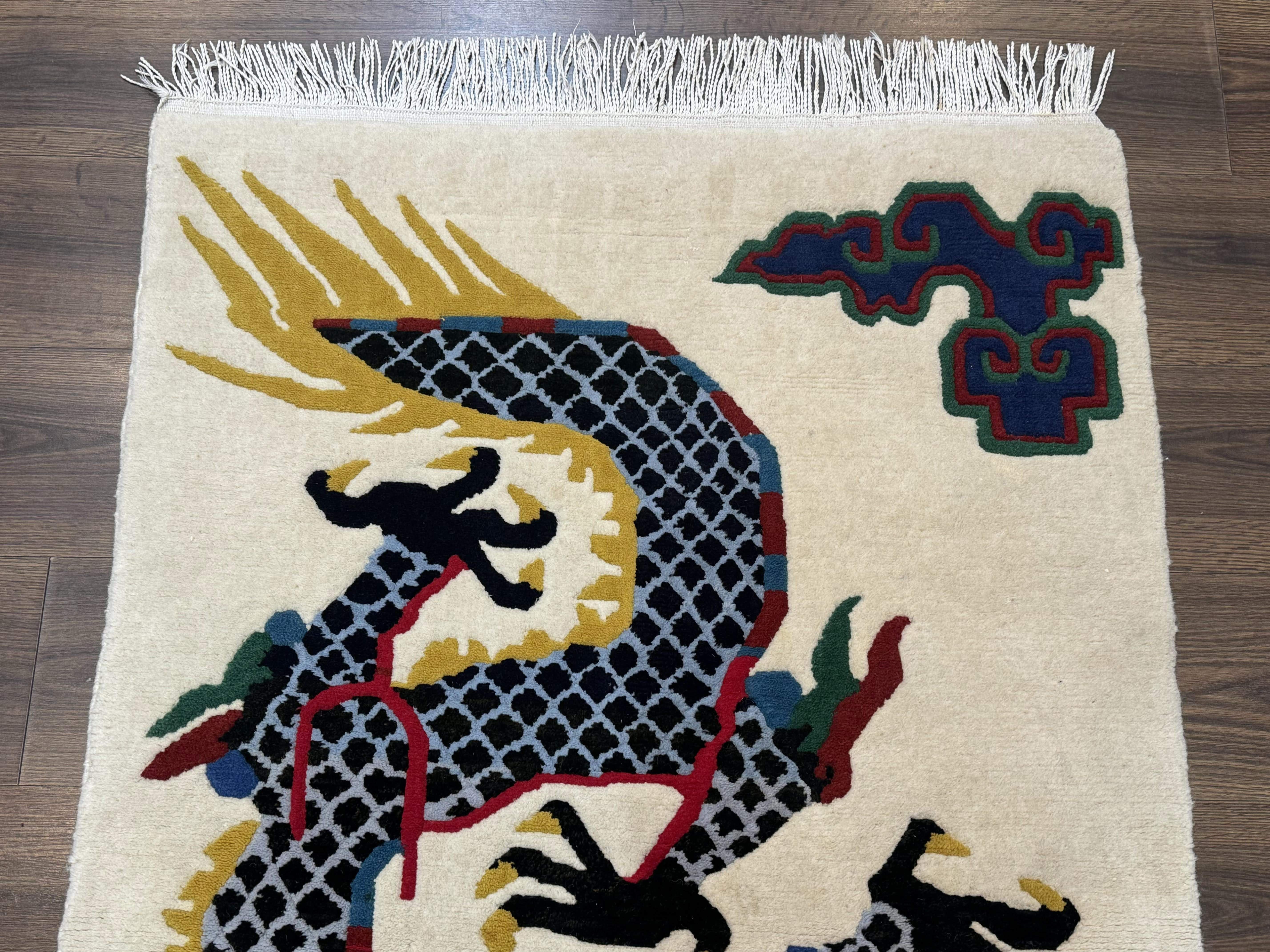 Chinese Dragon Rug 3x5 – Ivory, Hand-Knotted Wool, Vintage Carpet - Jewel Rugs