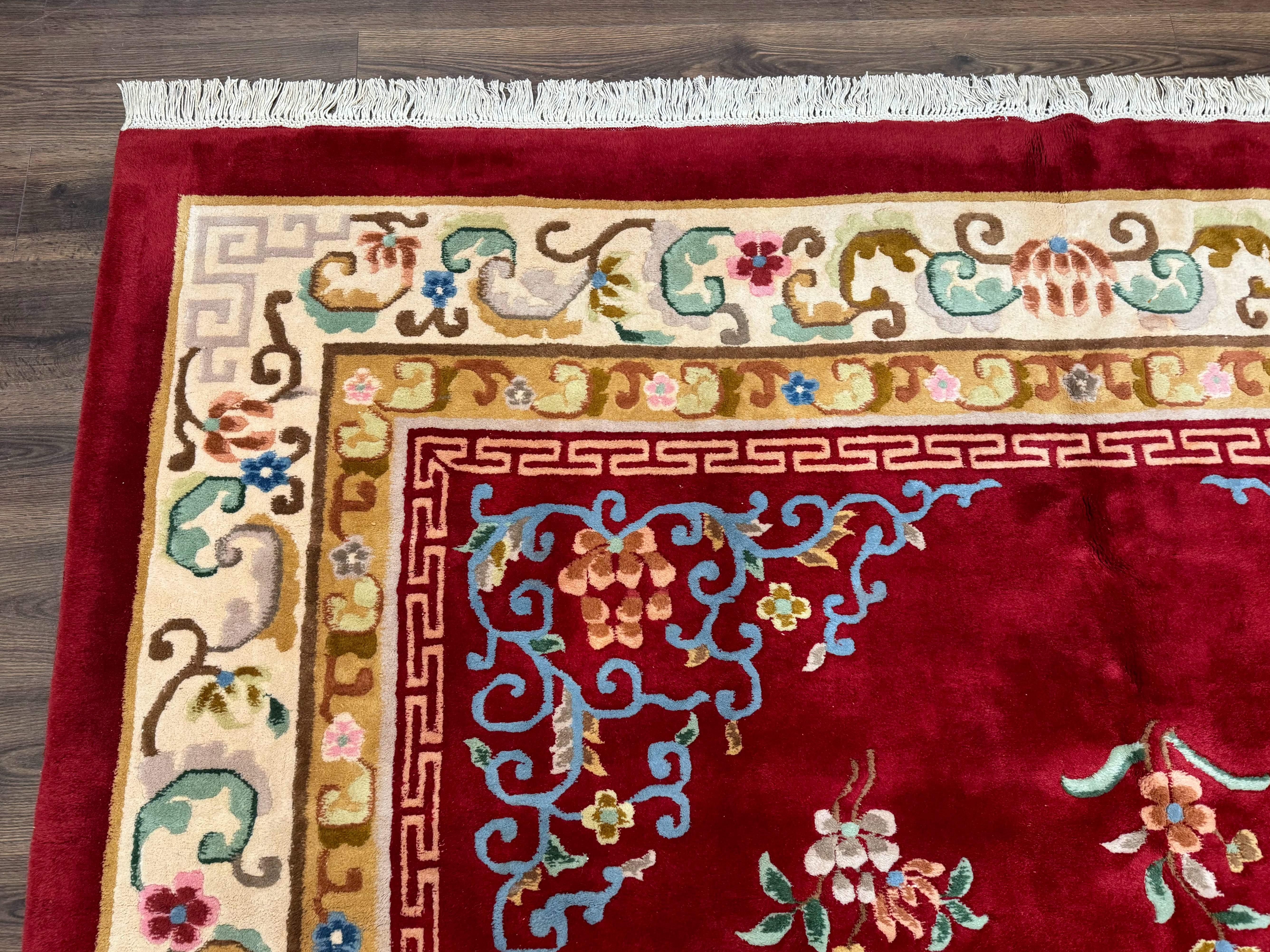 Indo Chinese Wool Rug 9x12, Red Art Deco Carpet, Vintage - Jewel Rugs