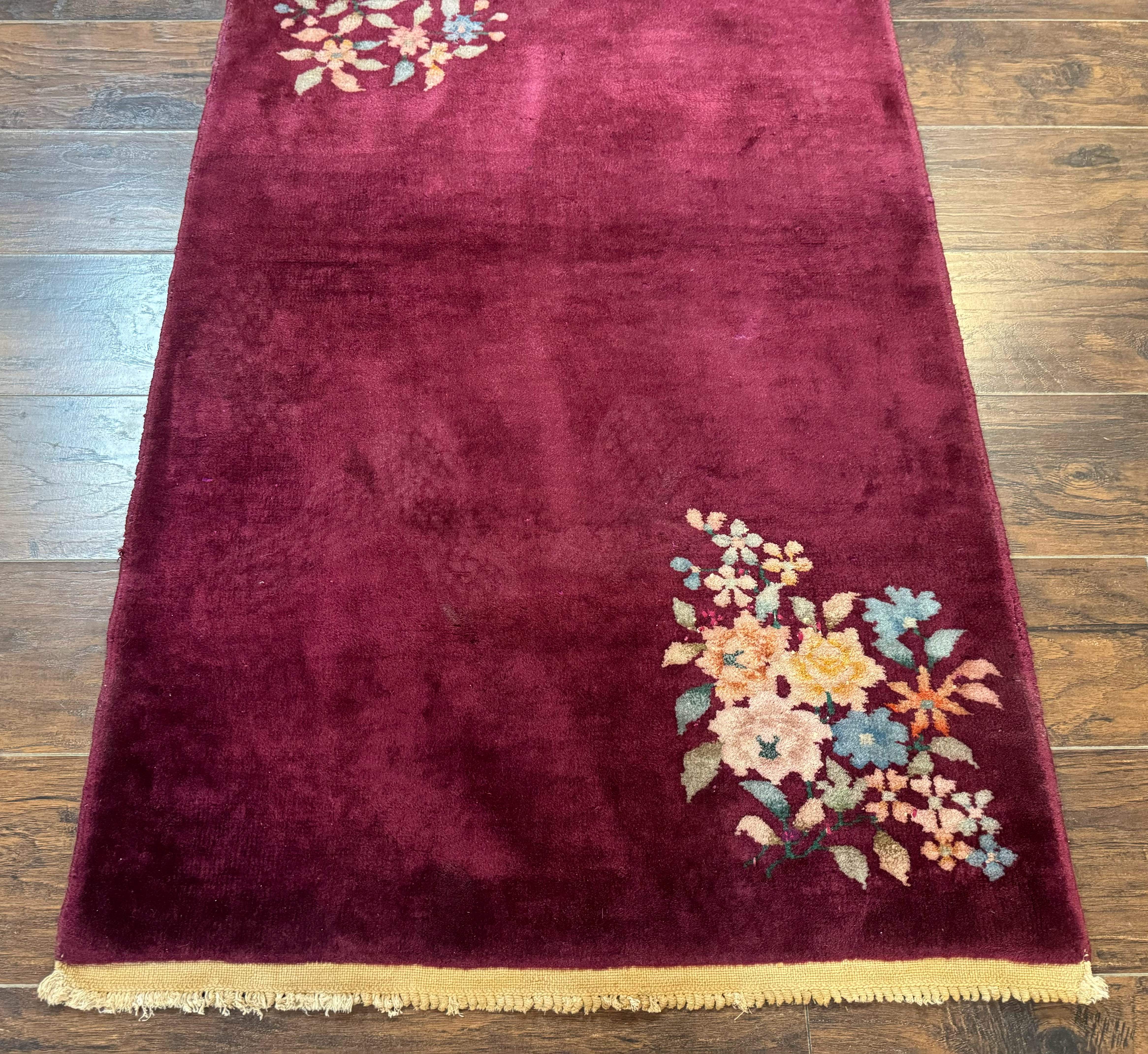 Chinese Nichols Rug 3x5 – Art Deco Carpet, Dark Magenta, Hand-Knotted Wool Vintage Asian Carpet - Jewel Rugs