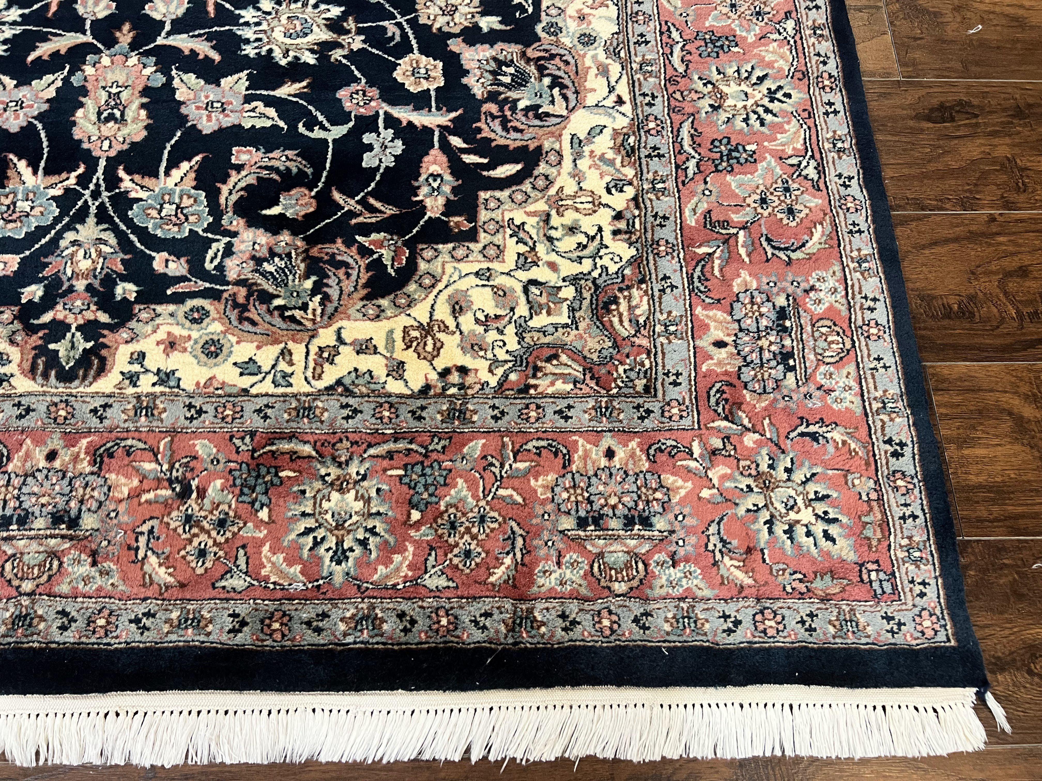 Pak Persian Rug, Floral Medallion, Dark Blue & Rose, Traditional Oriental Carpet, Handmade Wool Vintage Medium Size Rug - Jewel Rugs