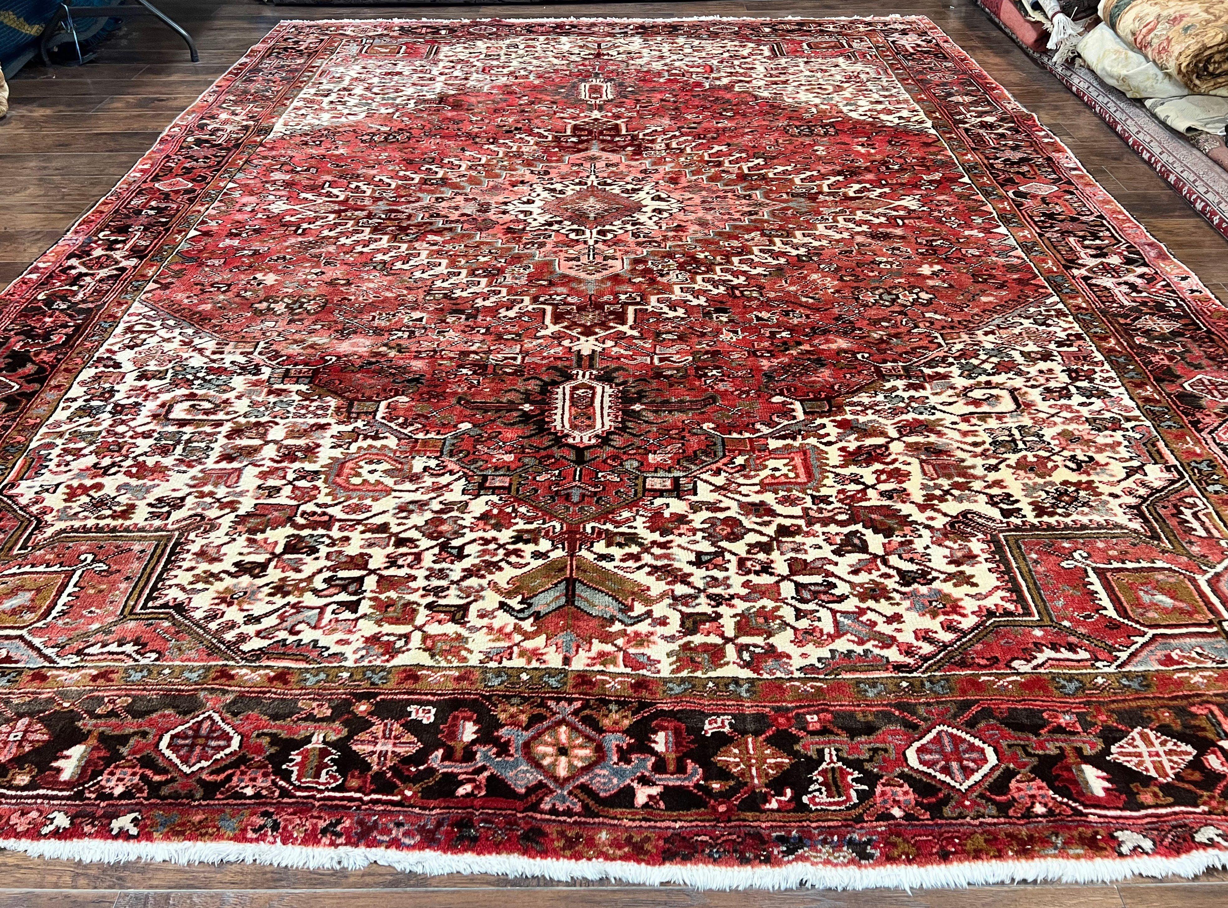 Large Persian Heriz Rug 10x13, Red and Cream Geometric Tribal Room Sized Handmade Wool Hand Knotted Semi Antique Decorative Oriental Carpet - Jewel Rugs