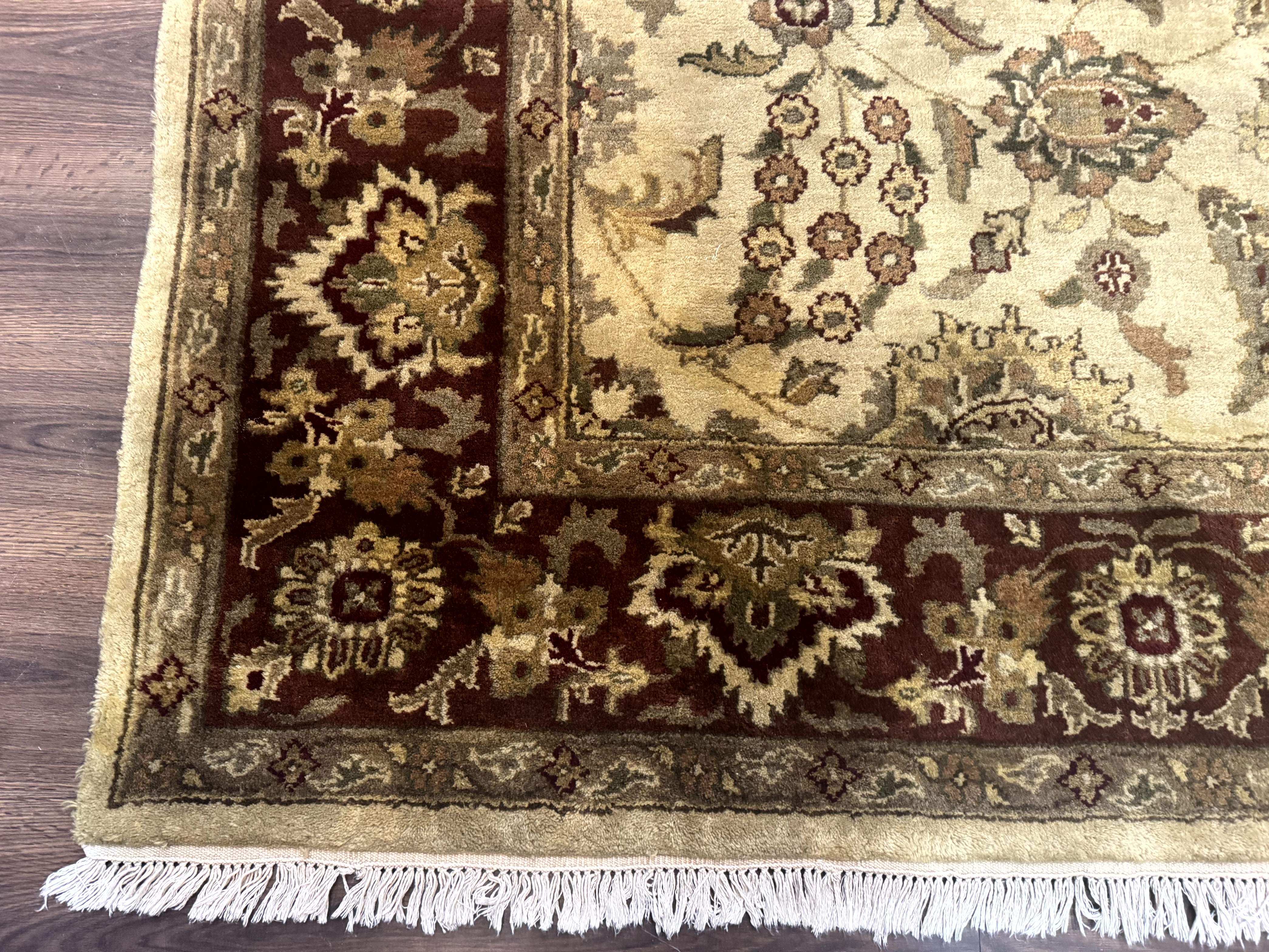 Indo Persian Mahal Rug 8x10 – Beige and Maroon, Hand-Knotted Wool Carpet - Jewel Rugs