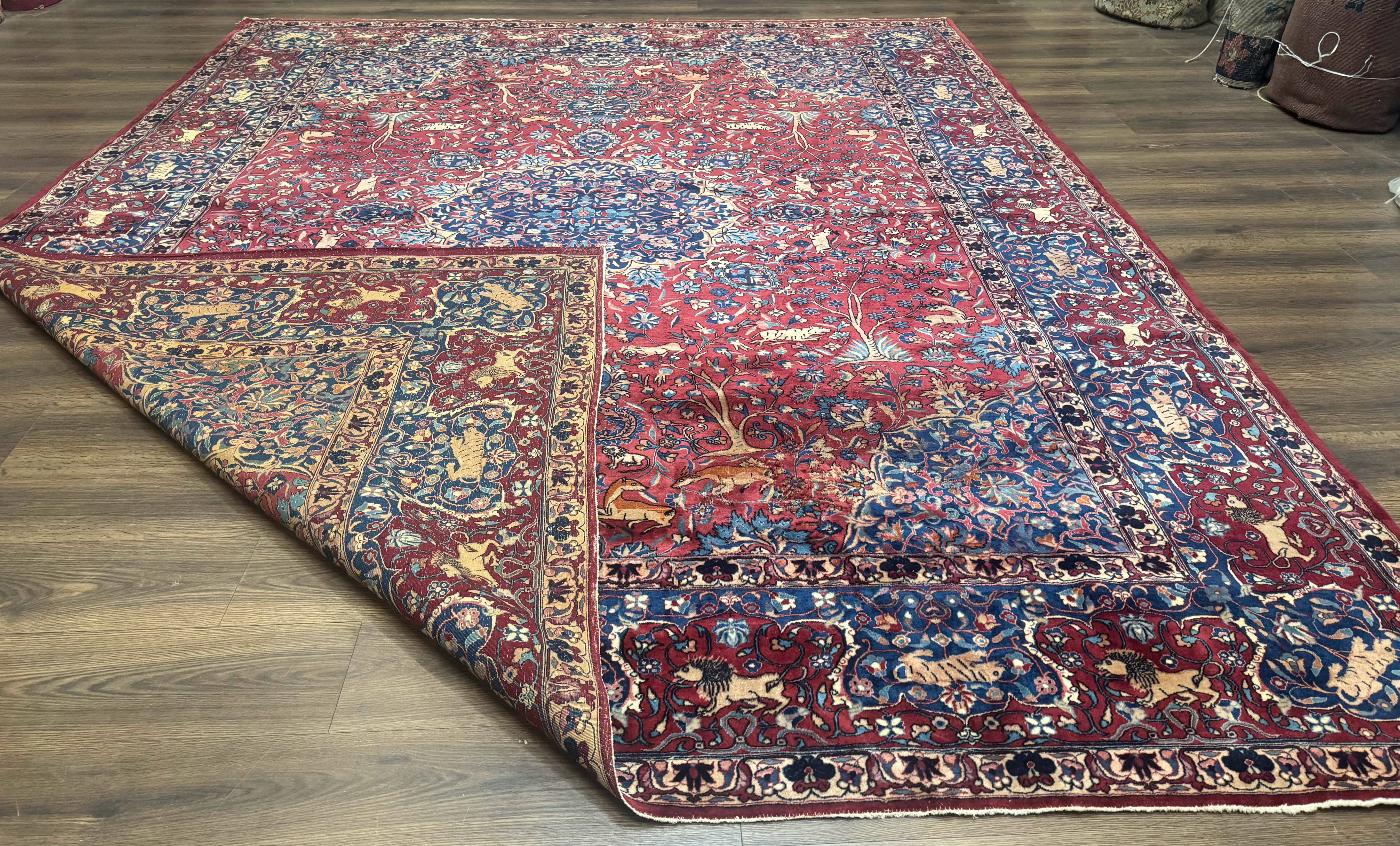 Antique Indo Persian Kerman Rug 9x12 Red Manchester Wool Animal Pictorials, Fine 290 KPSI - Jewel Rugs