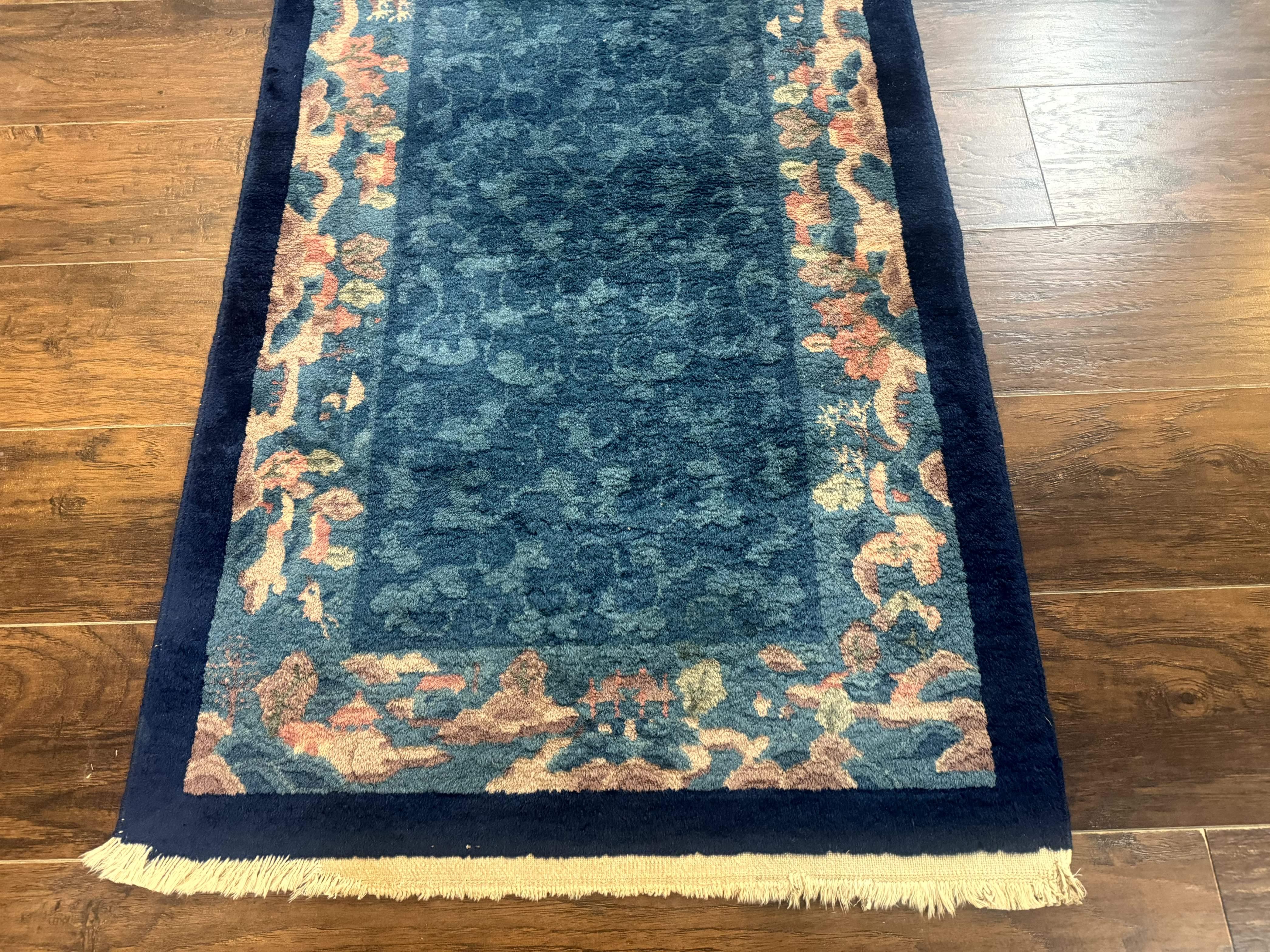 Blue Chinese Rug 2.6 x 4, Fete Rug, Peking Rug, Chinese Wool Rug, Art Deco Carpet - Jewel Rugs