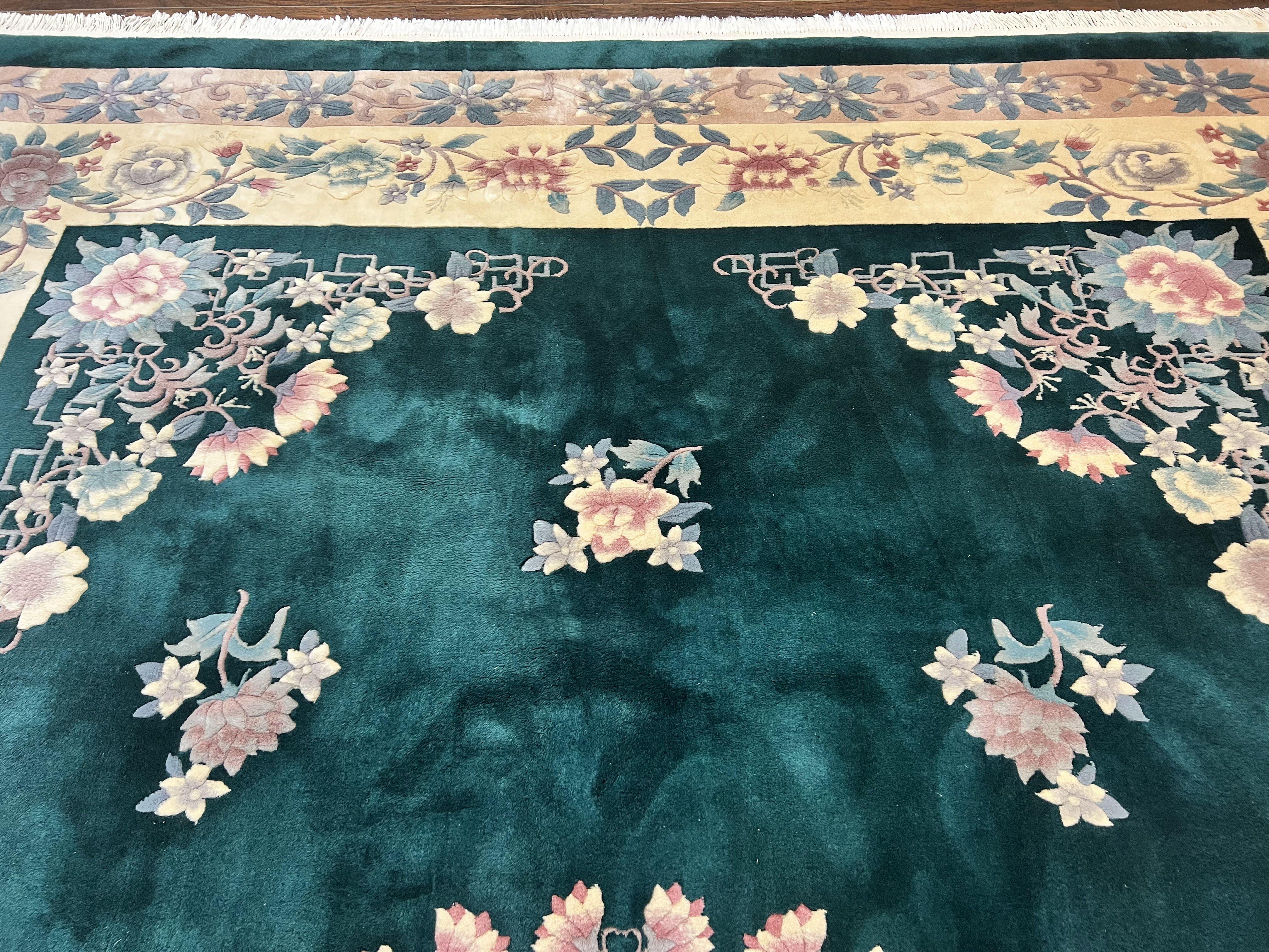 Chinese Art Deco Rug 9x12, Wool Hand Knotted Vintage Carpet, Dark Green & Cream, 90 Line Carving Rug - Jewel Rugs