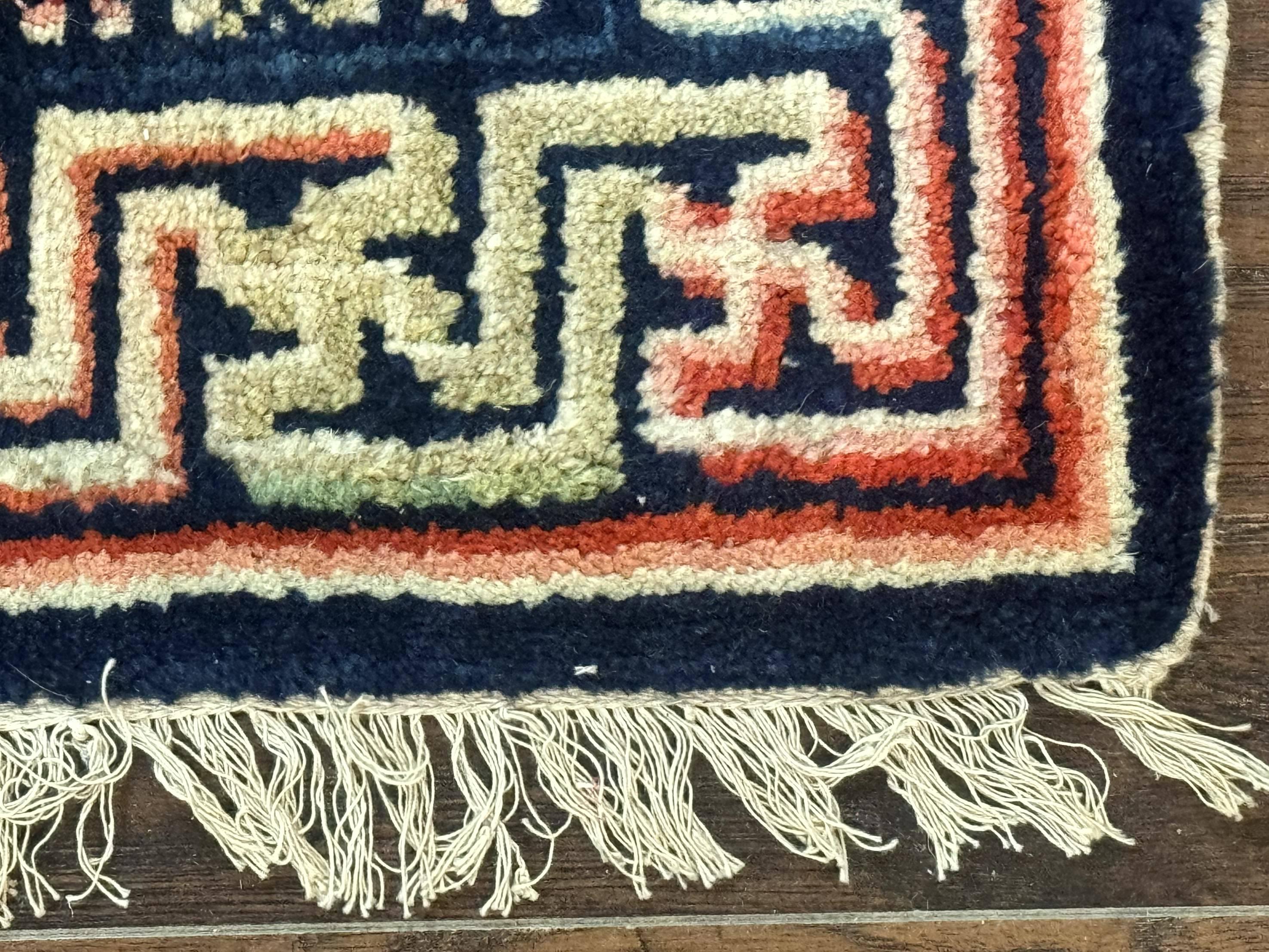 Small Antique Chinese Rug 2x2, Red Blue Square Rug Mat, Handmade, Tibetan Rug - Jewel Rugs