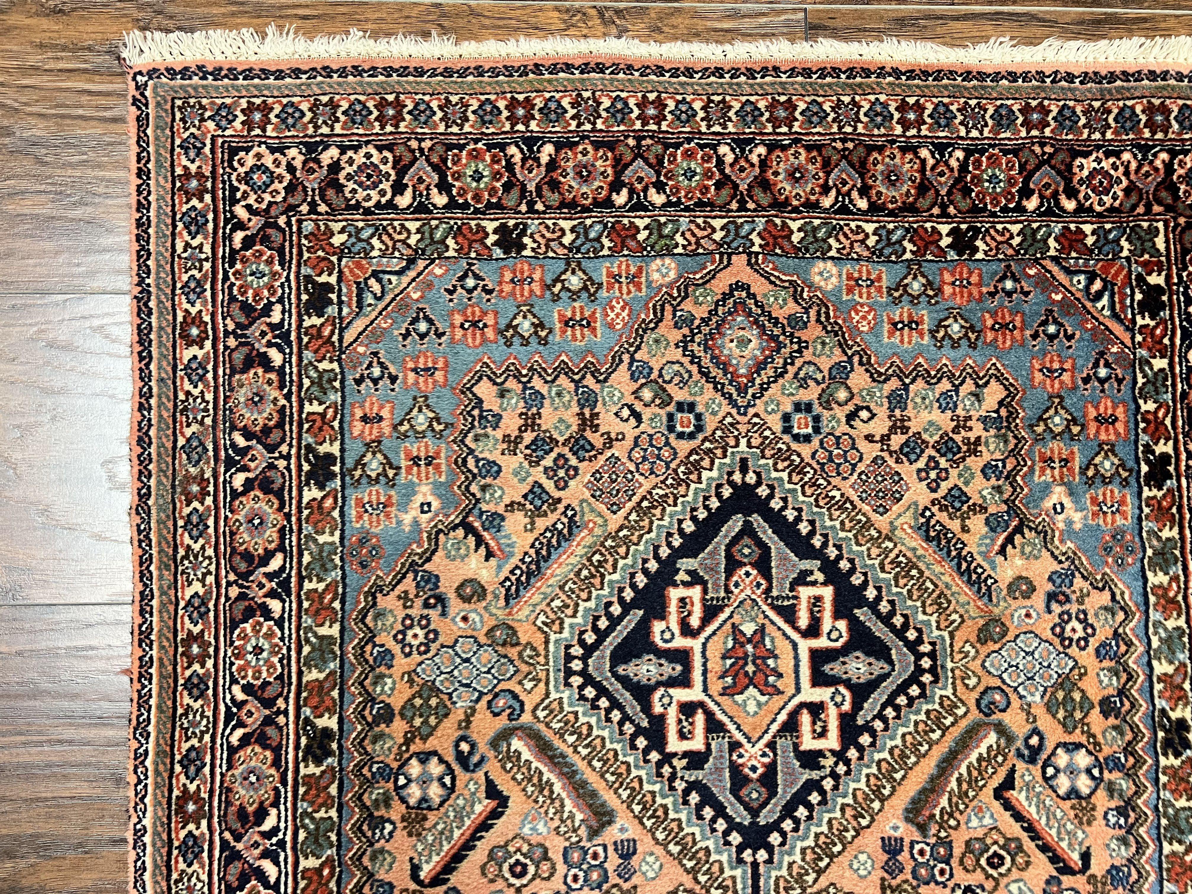 Persian Qashqai Runner Rug 2.6 x 10, Wool Hand Knotted Vintage Tribal Oriental Carpet, Salmon, Geometric Medallions Rug, Hallway Rug - Jewel Rugs