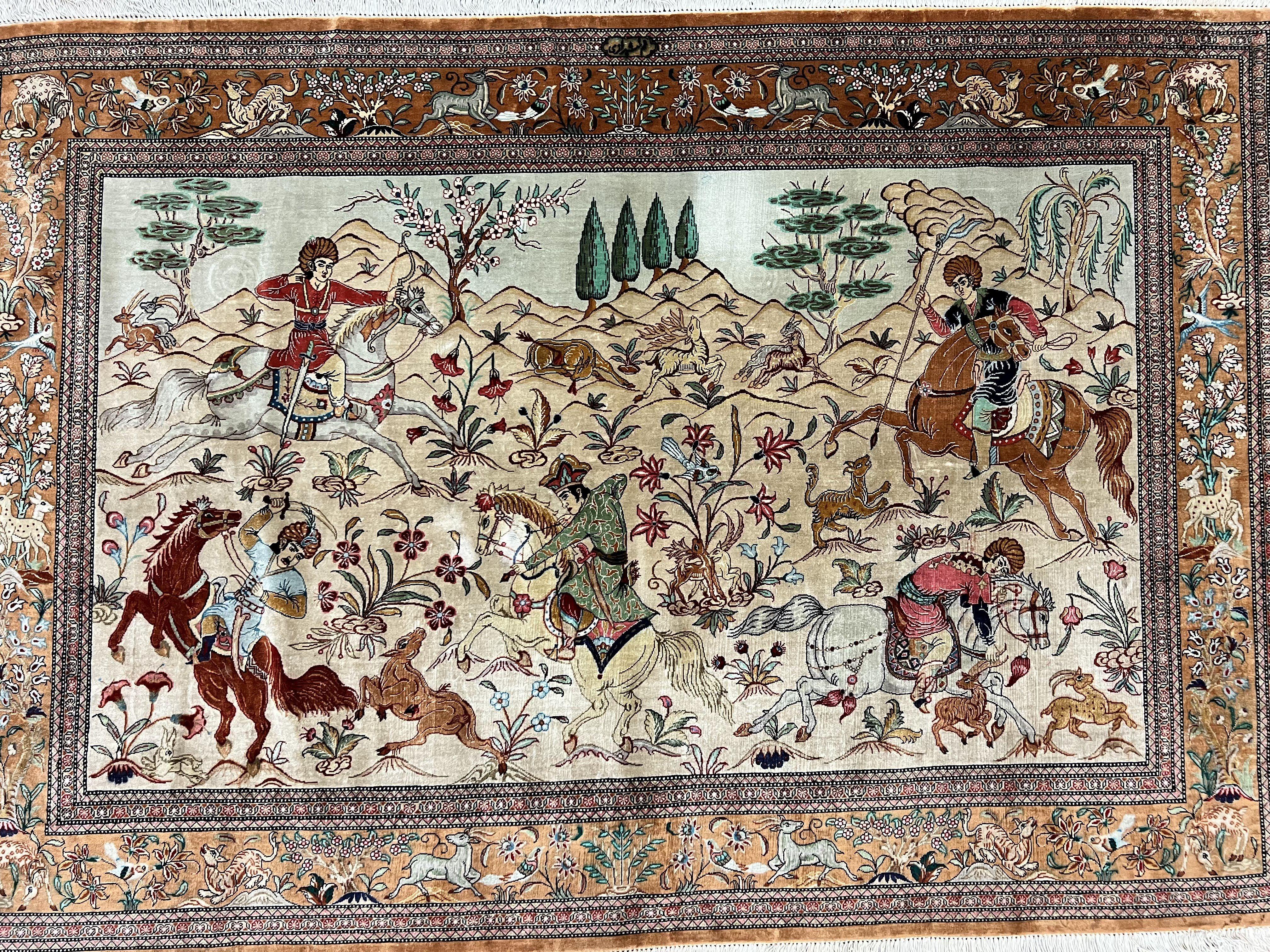 Silk Persian Qum Rug 3x5, Hunting Pattern, Handmade Vintage Carpet, Signed by Master Weaver, Horsemen Pictorials, Super Fine 650 KPSI - Jewel Rugs