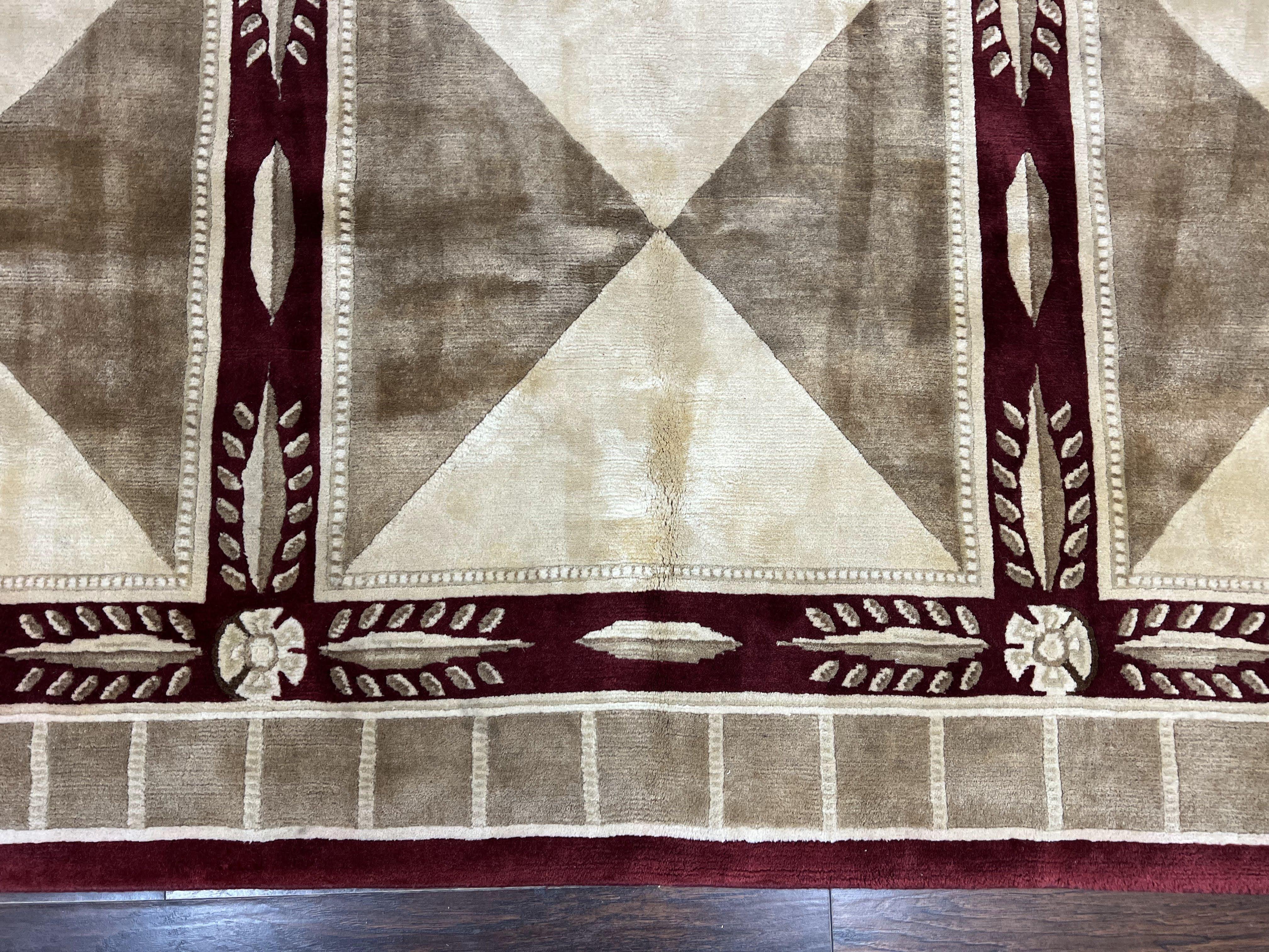 Indo Tibetan Rug 10x14, Nepali Carpet, Large Soft Wool Area Rug, Olive Tan Maroon, Contemporary Rug 10 x 14 ft Living Room Rug, Handmade Rug - Jewel Rugs